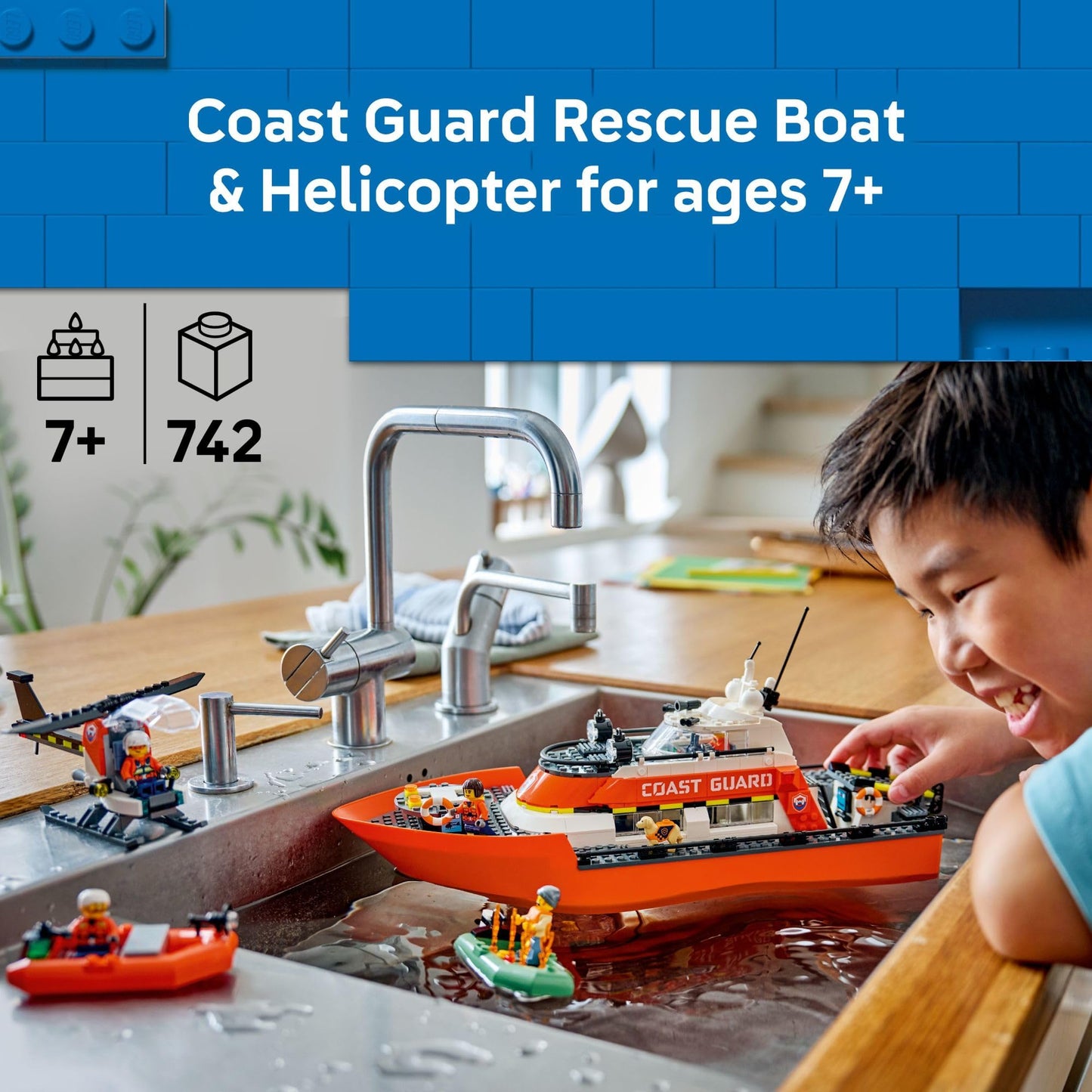 LEGO City Coast Guard Rescue Boat & Helicopter Building Toys - Kids Pretend Play Set for Boys & Girls, Ages 7+ - W/2 Rescue Boat Toys, 5 Minifigures