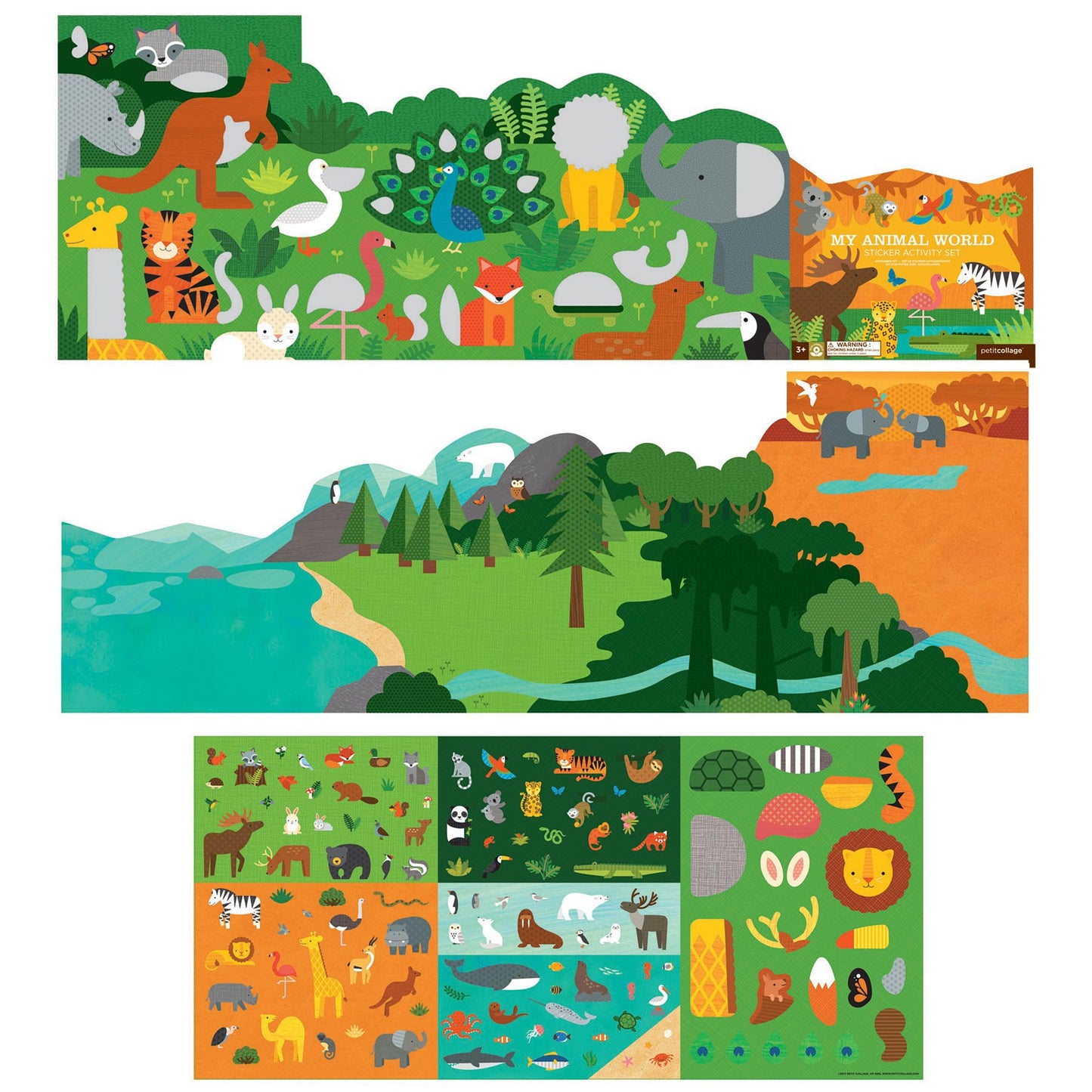 Petit Collage Sticker Activity Book, My Animal World - Giant Fold Out Sticker Book for Kids, Includes Over 100 Reusable Stickers - Activity Toys