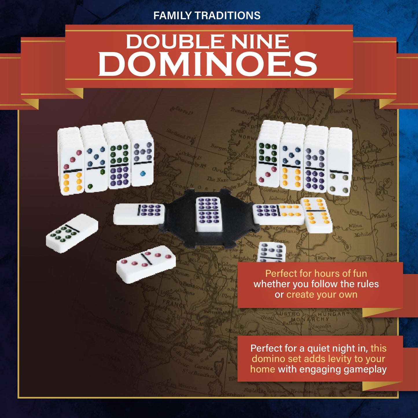 Continuum Games Family Traditions Double 9 Dominoes - 55 Piece Set in Storage Tin, Crystalline Dominoes for Kids and Adults, Classic Game Night