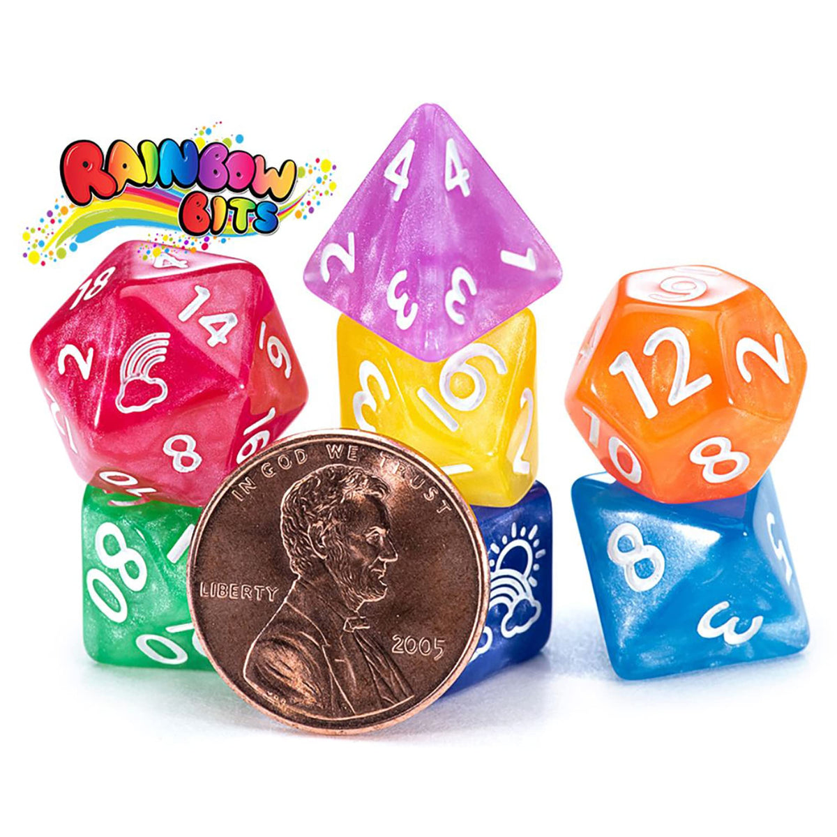 Gate Keeper Games & Dice Gate Keeper Games Mighty Tiny Dice: Rainbow Bits - 7 Piece RPG Dice Set, 12mm Resin Dice Set, Custom Logos on d20 and d6