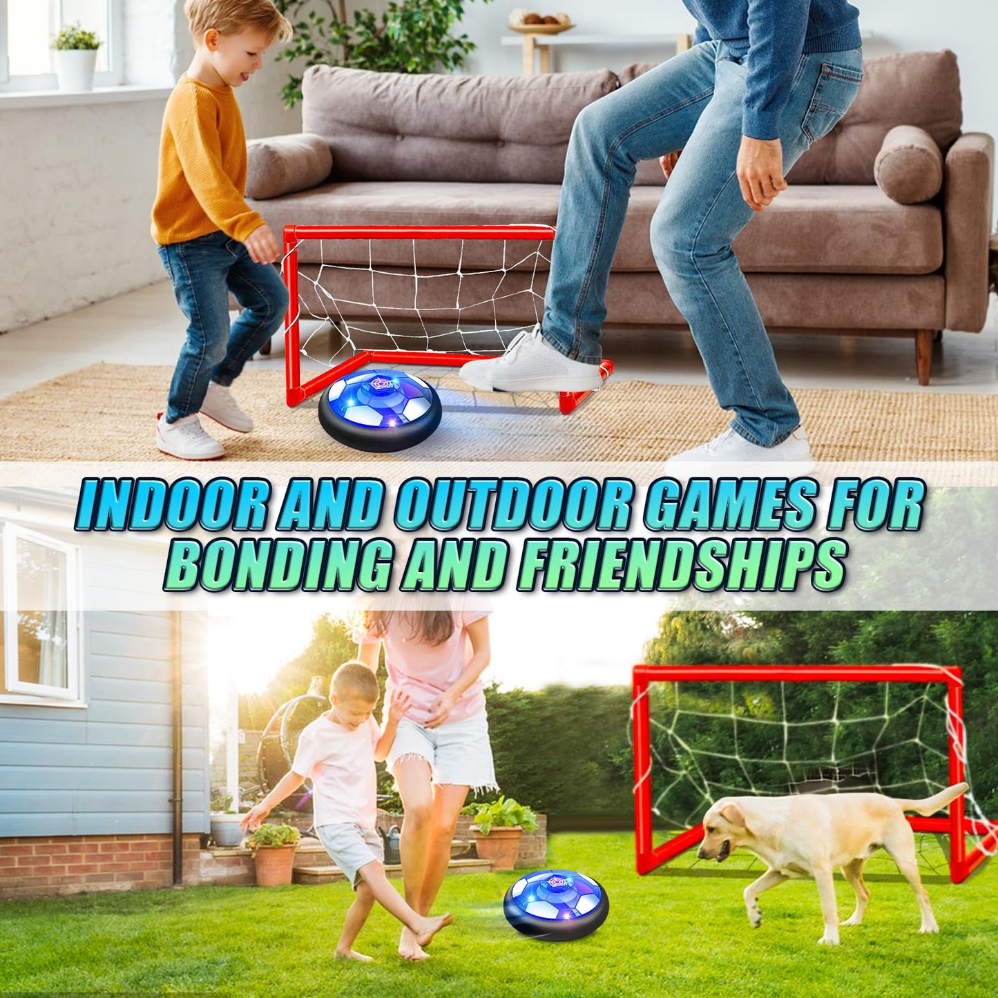 Linkowin 2 Pack Hover Soccer Ball Set with 2 Goals for Kids, LED Lights Indoor Outdoor Floating Hover Ball Toys, USB Charging Soccer Gifts for Boys