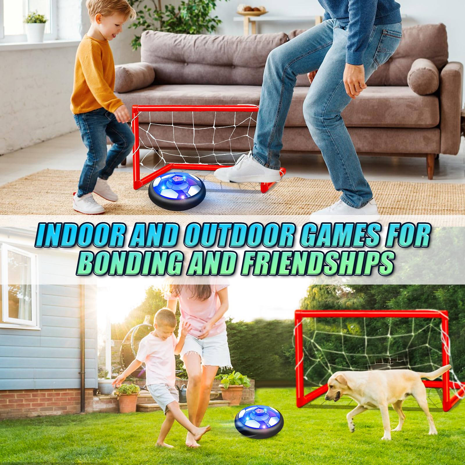 Linkowin 2 in 1 Hover Soccer Ball Toys Set for Kids, Rechargeable LED Indoor Outdoor Soccer Ball Toys with 2 Goals for Boys Girls 6-8 8-12 Kids Sports