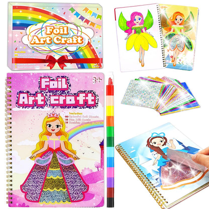 NaTuGi Foil Art Fun for Kids - Colorful Princess Theme Arts and Crafts Kits?Kids Fun Art Supplies ?Creative Birthday Gift ?Travel Toys?Suitable