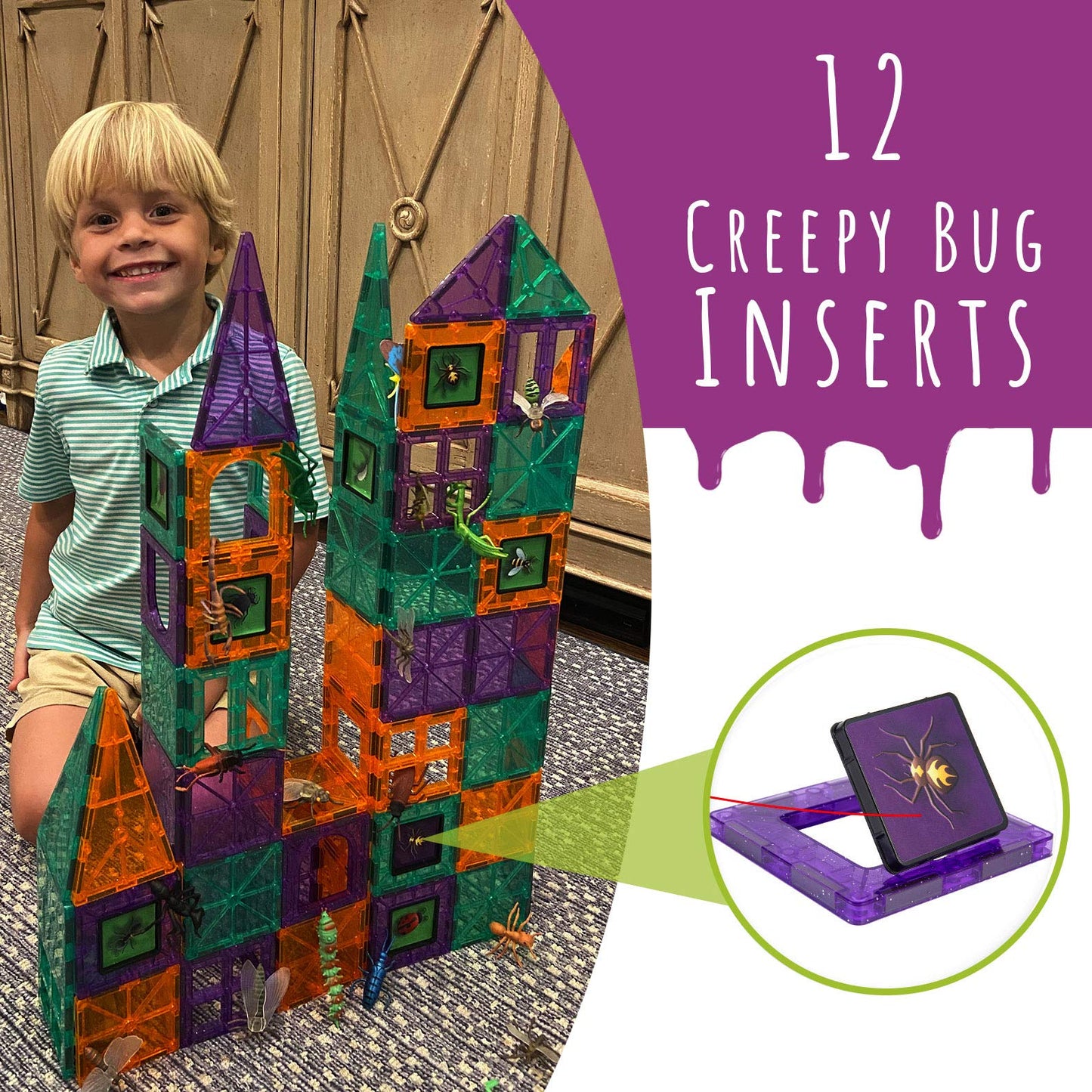 DIY jr Creepy Archi Tiles - Magnetic Tiles for Kids - Colorful Construction Building Blocks with Bugs, Storage Bag, Stickers, Tweezers - Creative