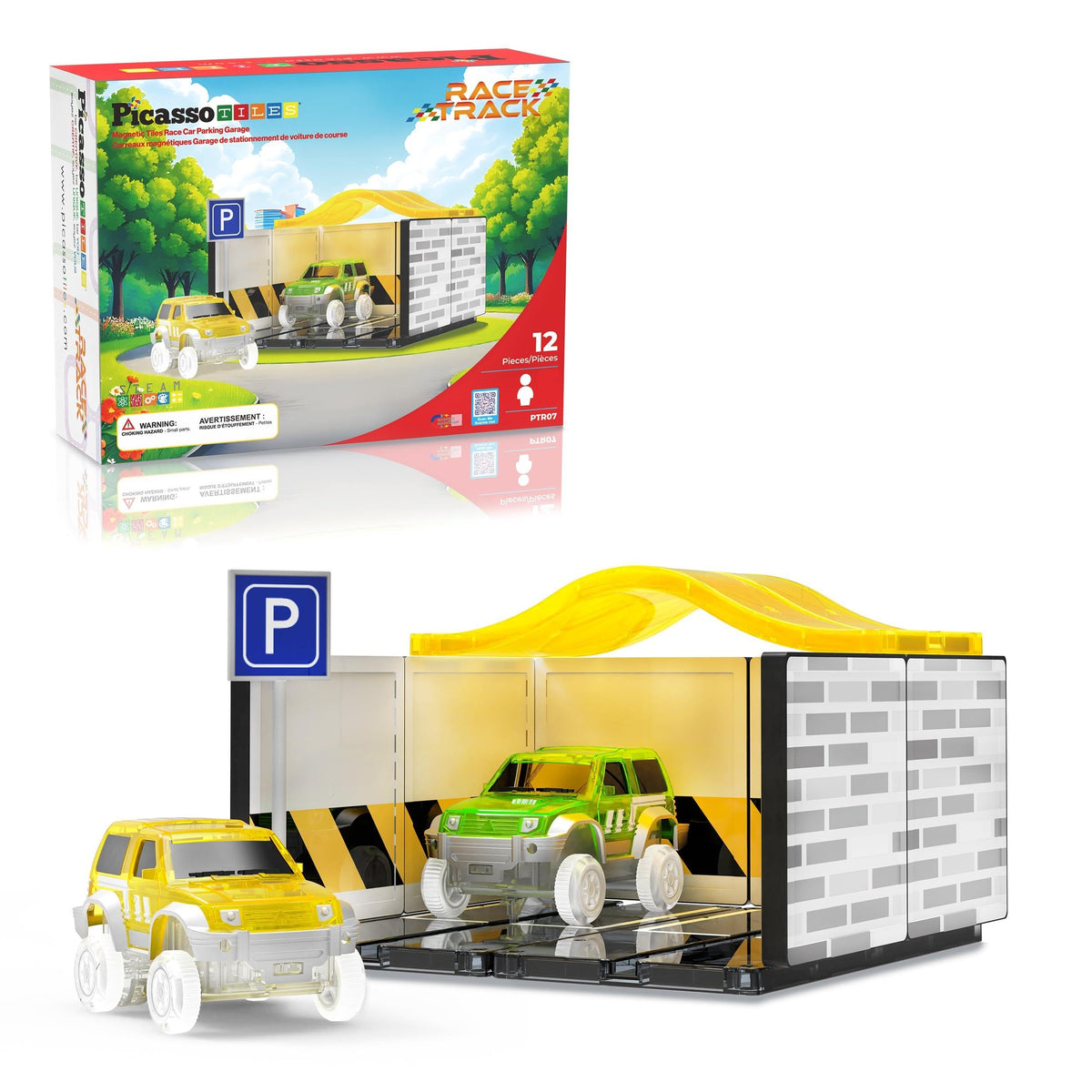 PicassoTiles Magnetic Tiles Race Car Track Kit Parking Garage Expansion Pack with 2 Cars Magnet Tile Building Blocks Educational Toy Learning Kit