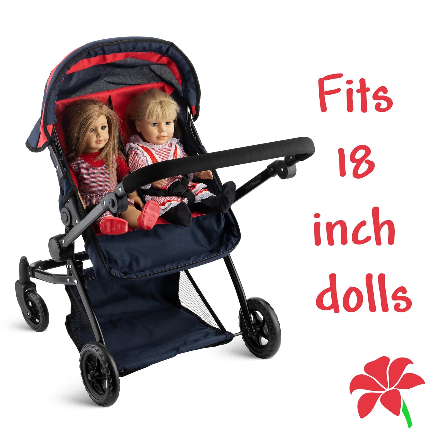Double Doll Stroller for Twin Baby Dolls - Convertible Seat Toy Stroller for Toddlers 3 Years and up, Adjustable Handle with Storage Basket, Red