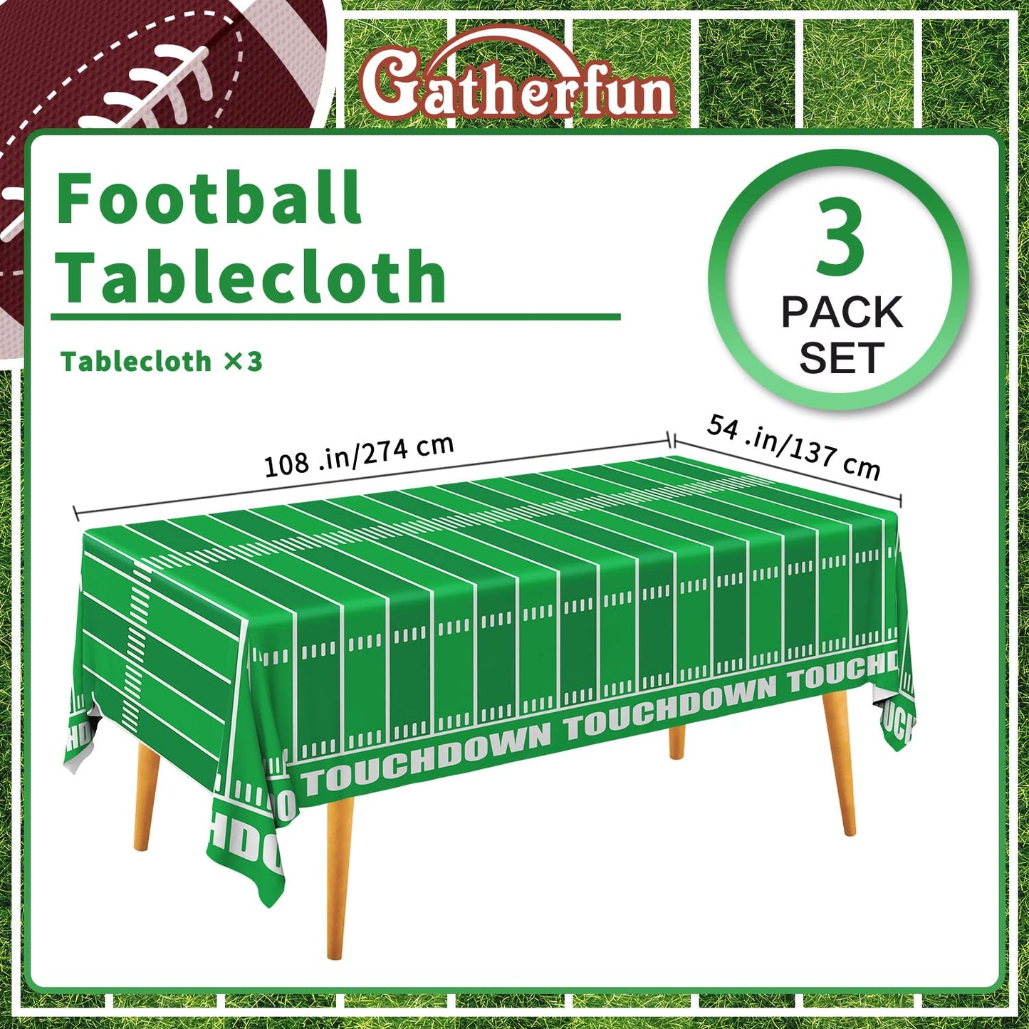 Gatherfun Football Theme Party Disposable Tablecloth Plastic Touchdown Table Cover for Birthday Football Party Games Decoration 54 X 108Inch 3 Pack