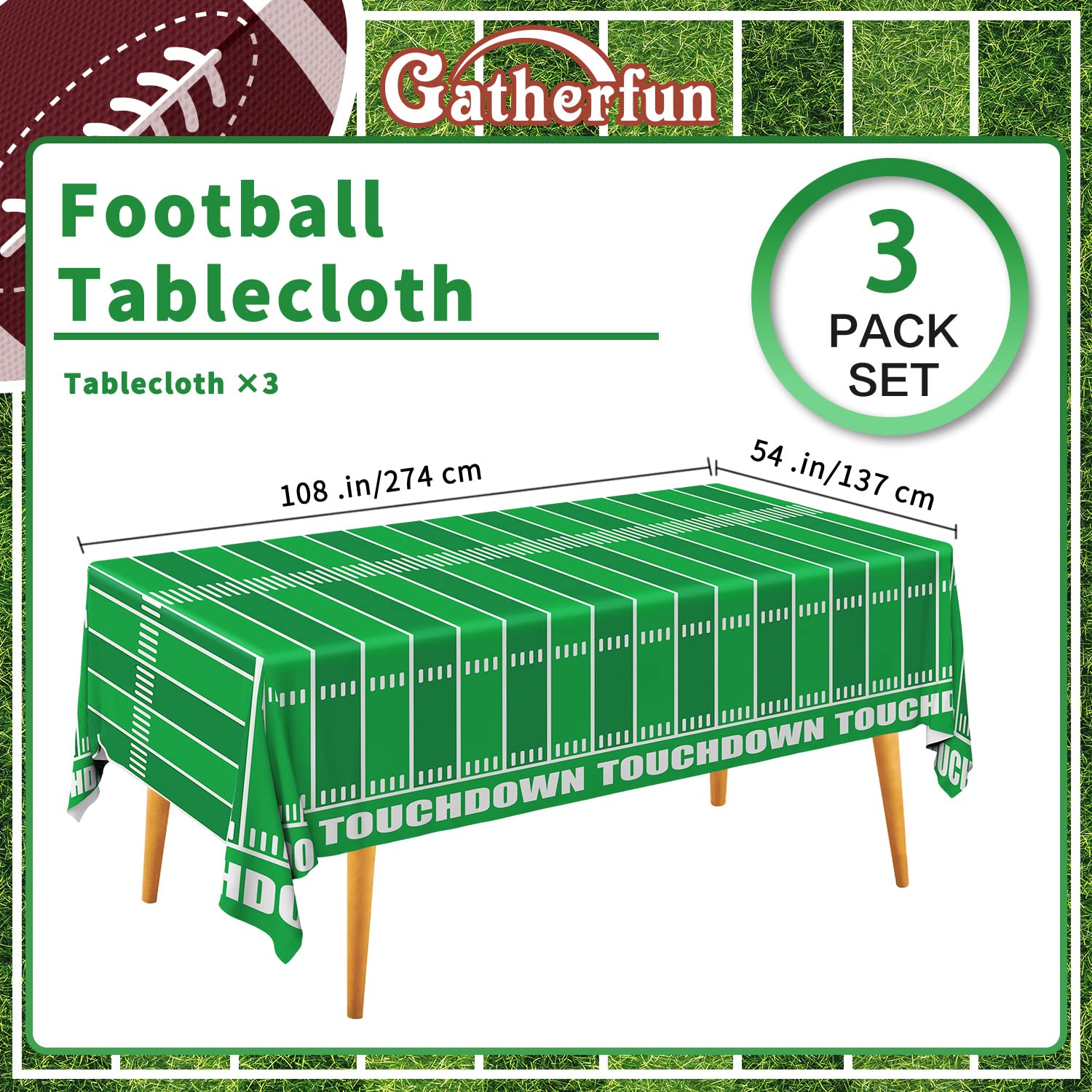Gatherfun Football Theme Party Disposable Tablecloth Plastic Touchdown Table Cover for Birthday Football Party Games Decoration 54 X 108Inch 3 Pack