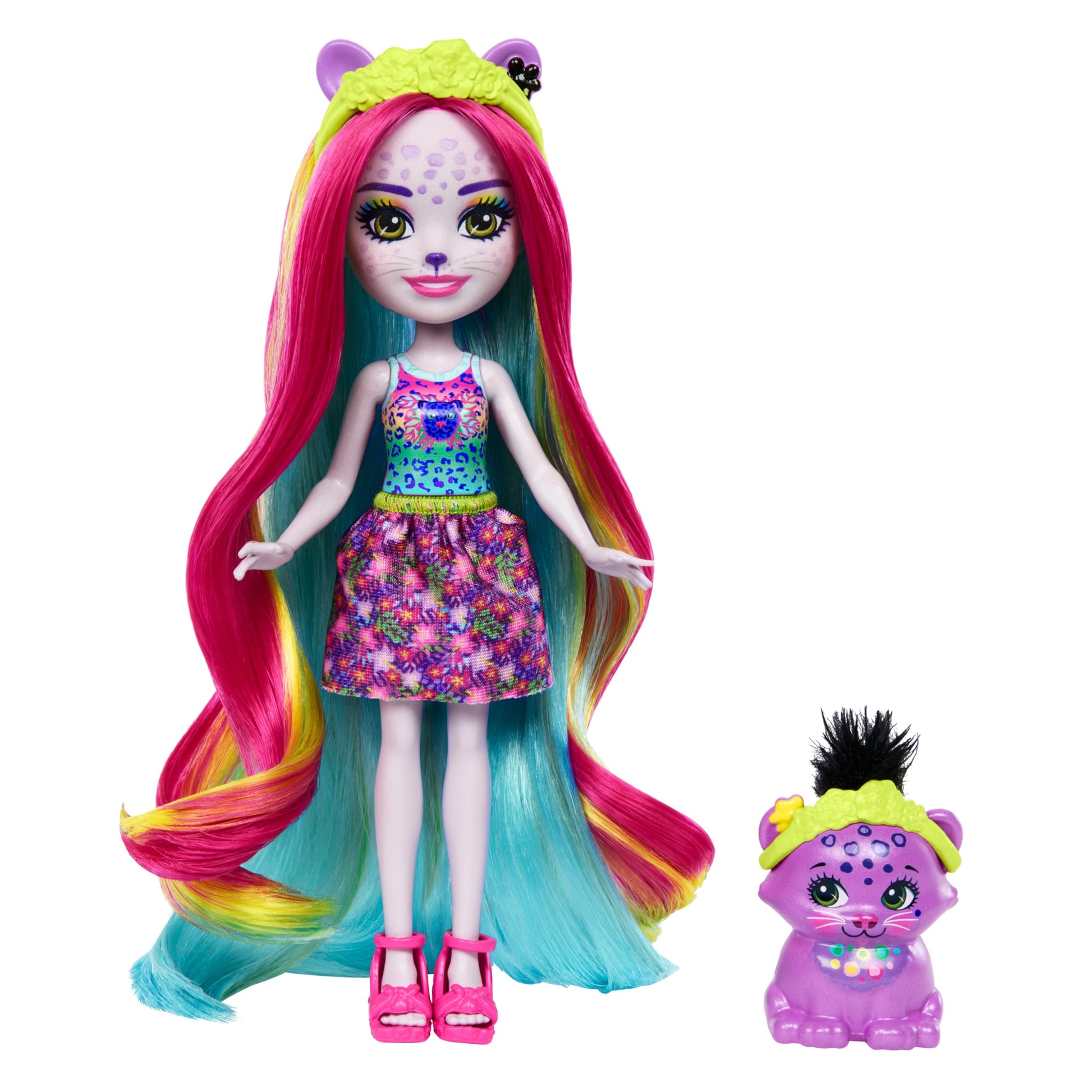 Enchantimals Persida Panther and Mistery Sunshine Beach Hair Doll, Animal Figure and Accessories, Coloured Dresses, HTJ69
