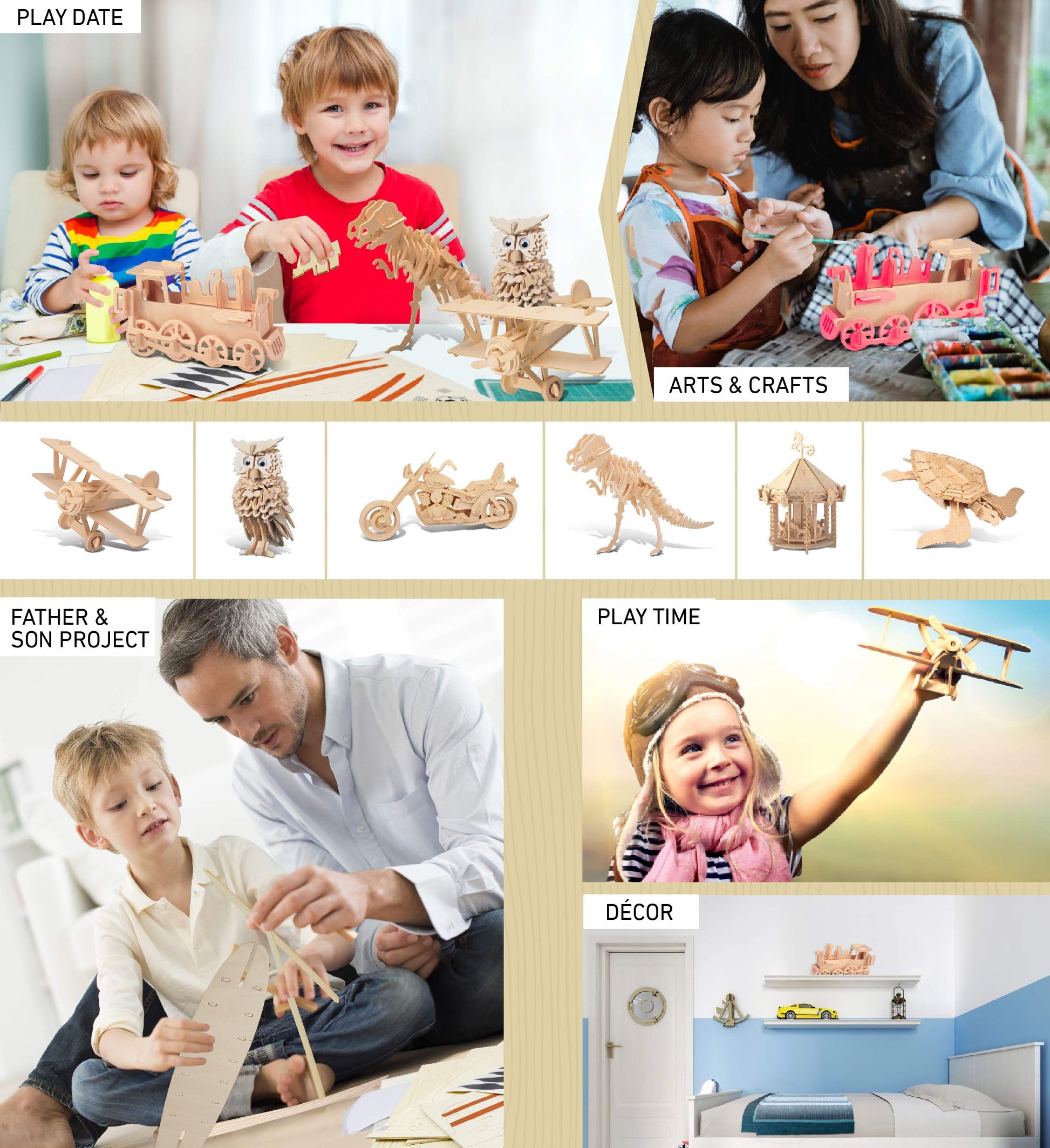 Puzzled 3D Puzzle Rolling Locomotive Train Wood Craft Construction Model Kit, Fun & Educational DIY Wooden Toy Assemble Unfinished Crafting Hobby