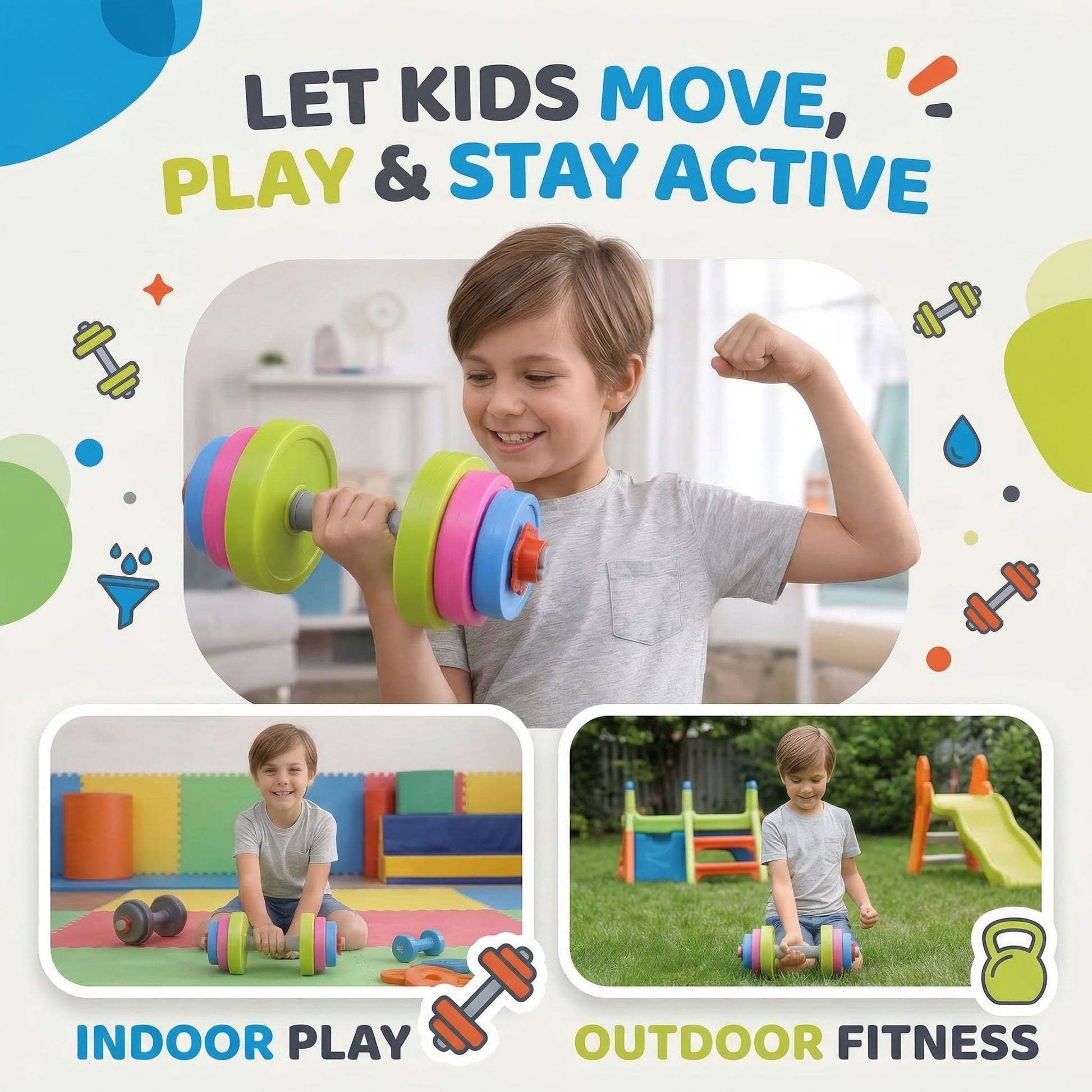 Kids Workout Dumbbell Weights Set - Toddler Toy Gym Equipment for Pretend Play Lifting, Exercise & Fitness - Adjustable Fill with Sand or Water (2