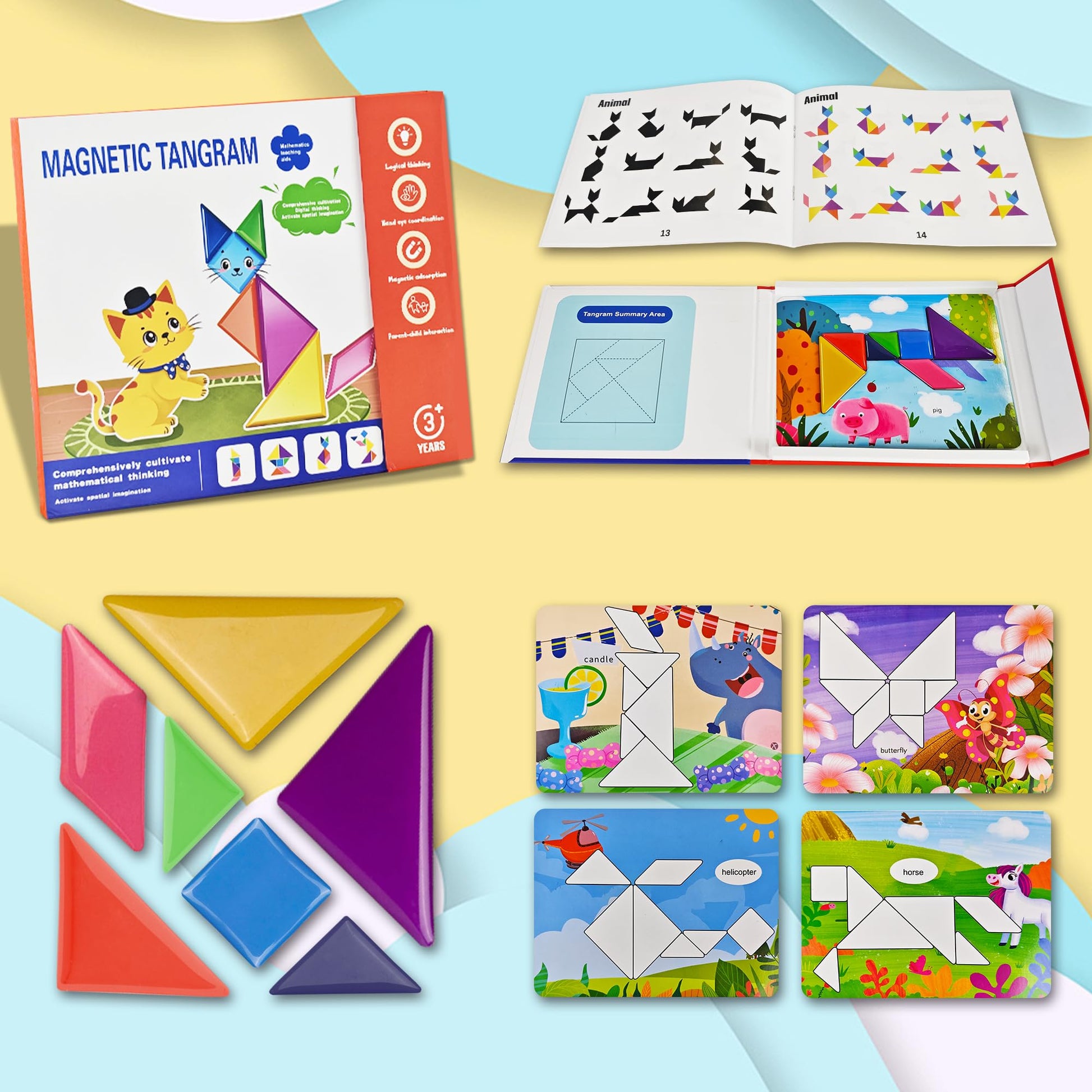 Flamax Magnetic Tangram for Kids Ages 4-8 with 30 Theme Pages & 368 Solutions Patterns Booklet & Metal Board, Magnetic Tangrams Puzzle for Kid, Magnet