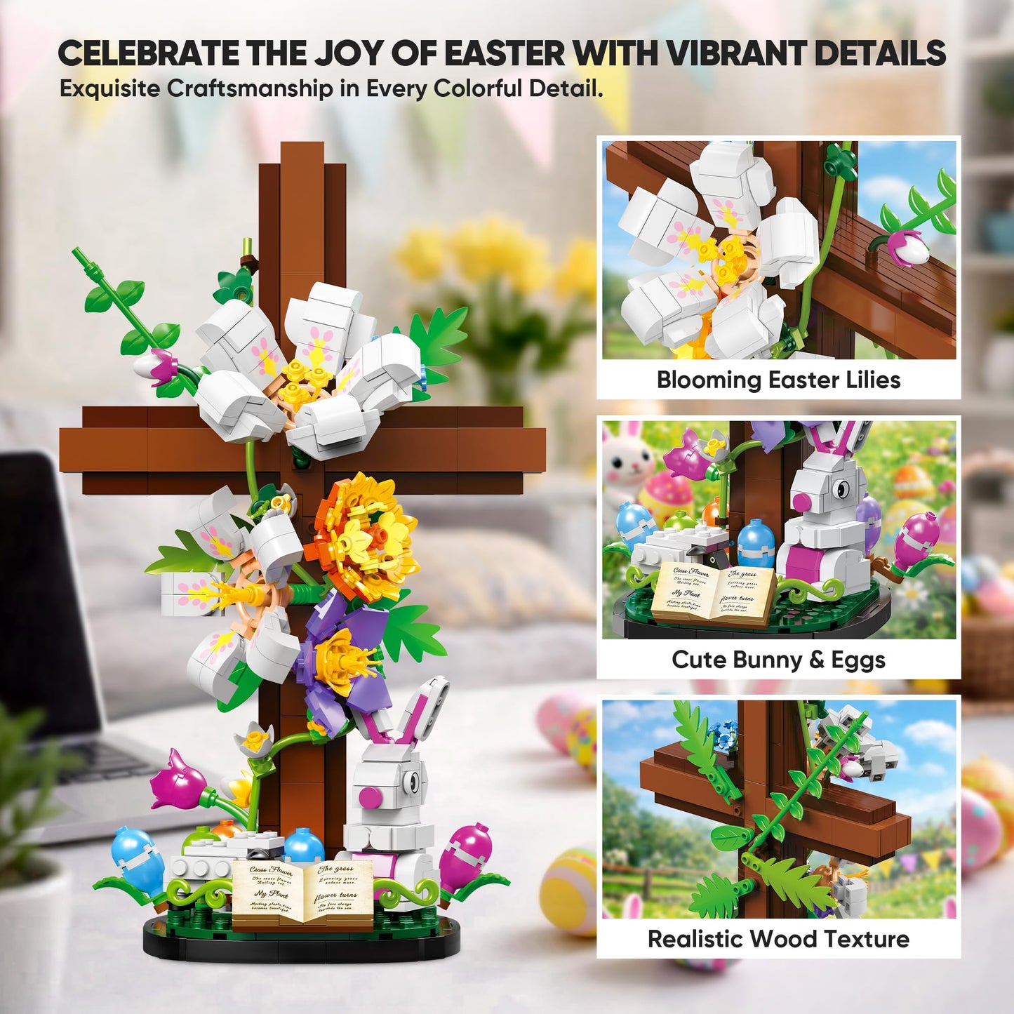 HiDectee Cross Flower Building Set - Jesus Botanical Lily Cross with Bible Base & Spring Garden - Religious Christian Faith Gifts for Women, Mom
