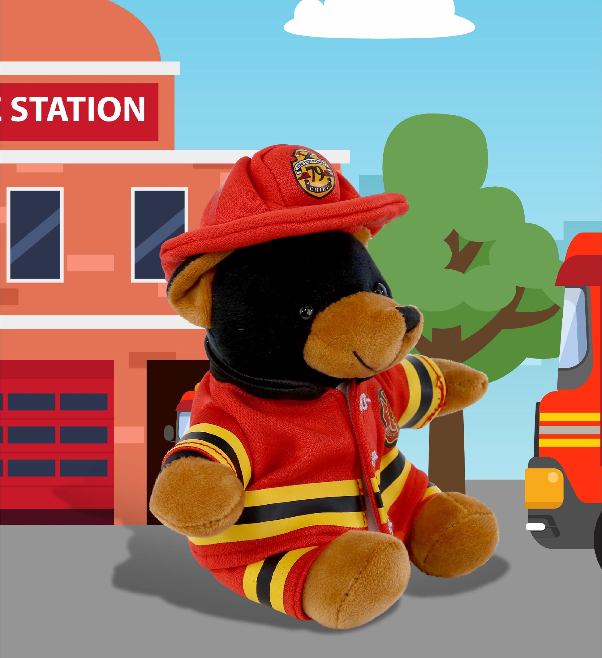 DolliBu Black Bear Firefighter Stuffed Animal with Name Personalization - Super Soft Bear with Red Fireman Costume Outfit and Fireman Hat, Cute Fire