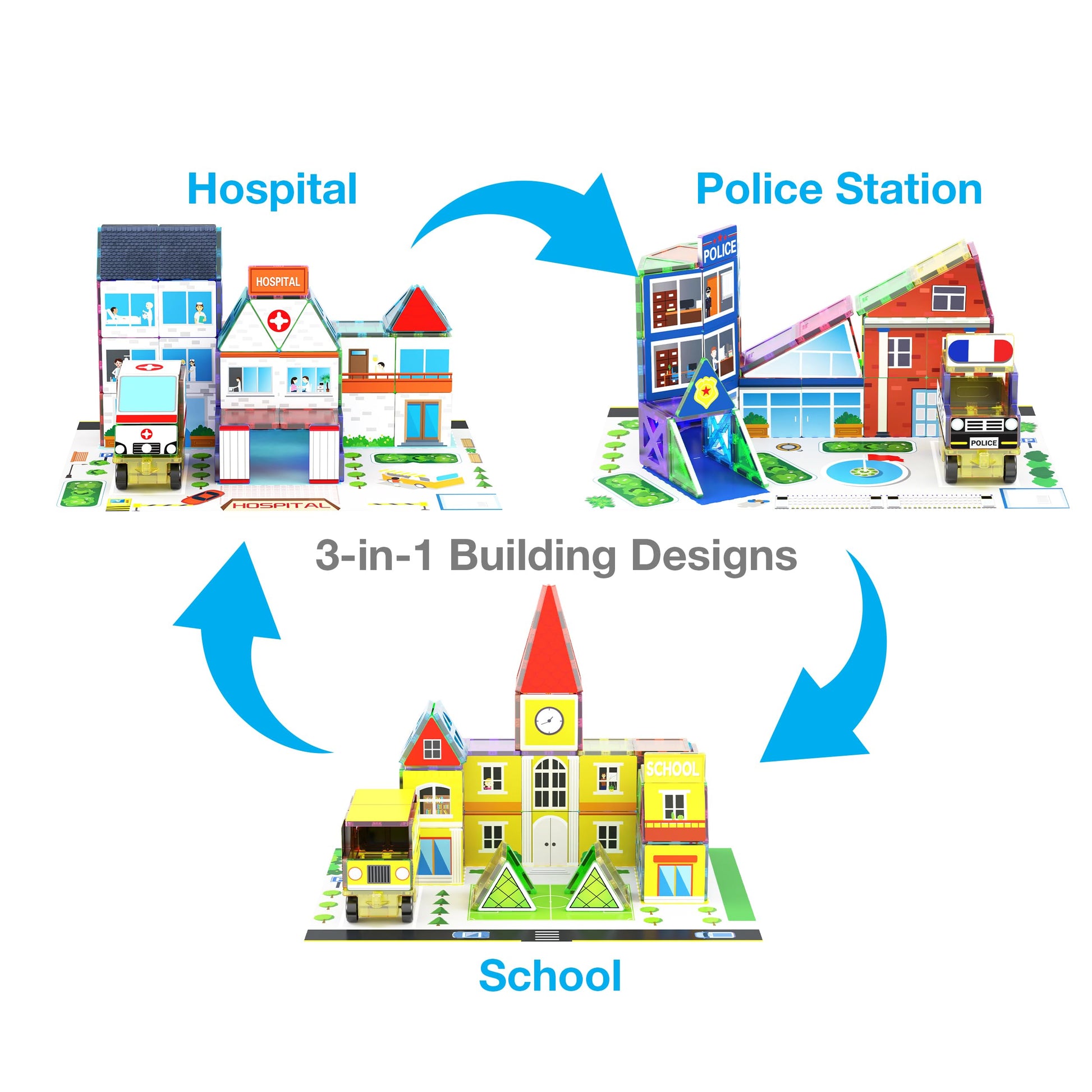 PicassoTiles 3-in-1 Theme Set School Hospital Police Station Magnet Self Adhesive Backing Stick-On Sheet Combo w/Car Magnet Building Block Playset