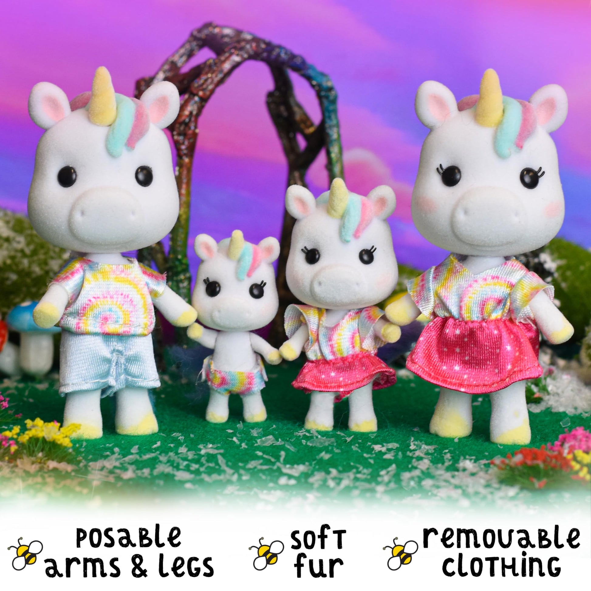 Sunny Days Entertainment Honey Bee Acres Rainbow Ridge Daydreamers Unicorn Family - 4 Miniature Flocked Dolls | Small Fantasy Collectible Figures |