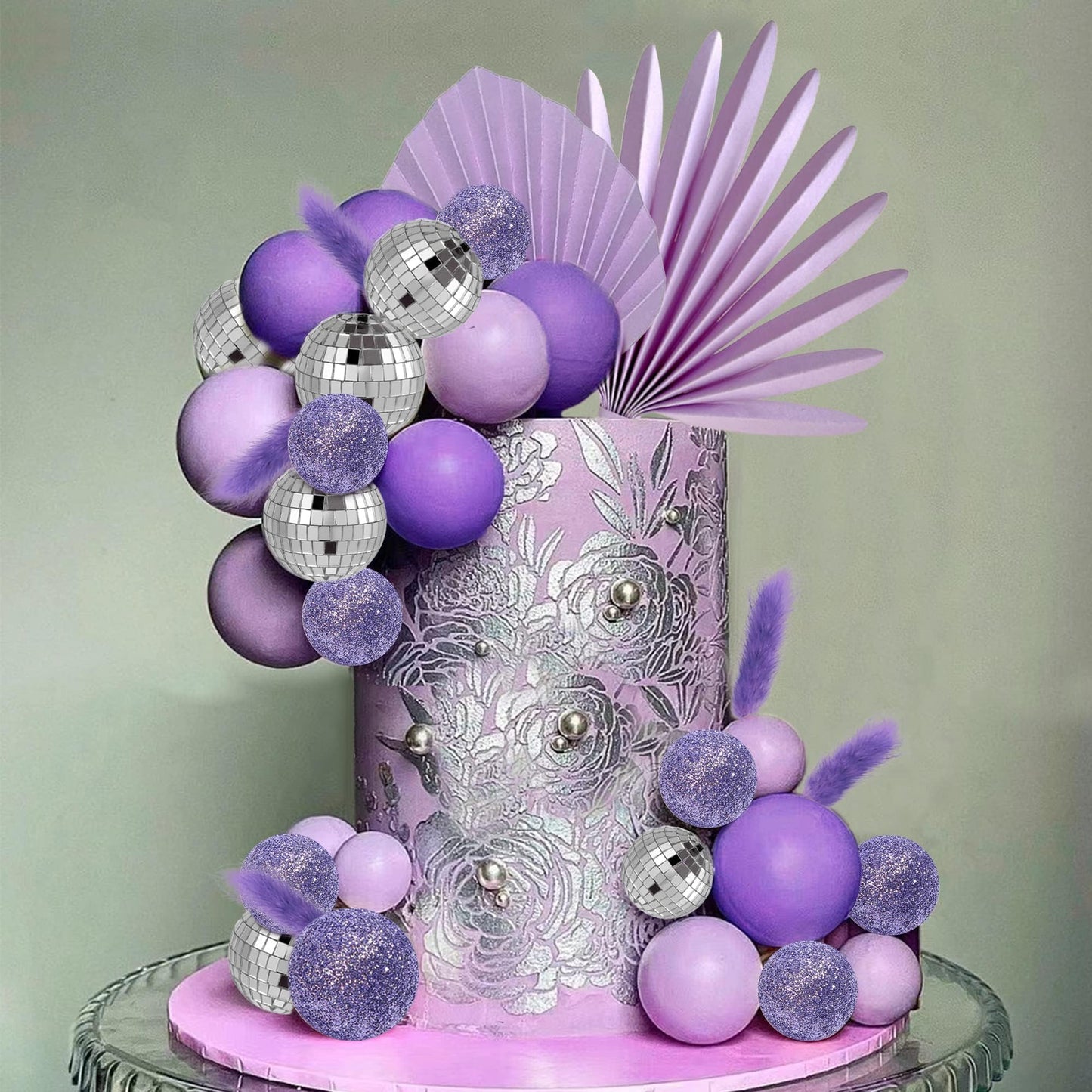 38 PCS Balls Cake Toppers Palm Leaves Cake Decorations for Birthday Wedding Baby Shower Party Supplies (Purple)