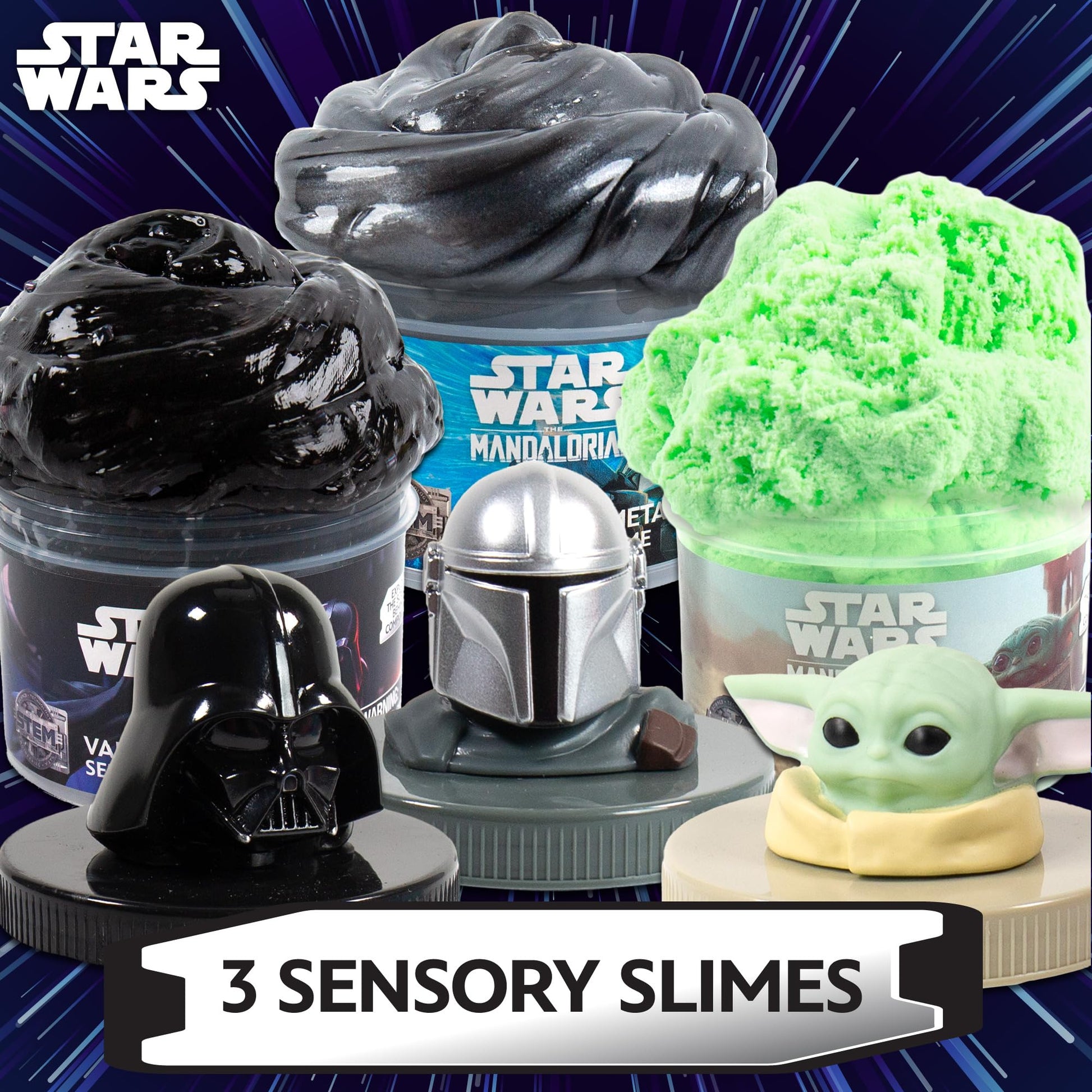 Official STAR WARS Slime, 3-Pack Galaxy Slime Kit, Includes Darth Vader, The Mandalorian, Grogu, Perfect for Goodie Bags, Desk Toys, Star Wars Merch,
