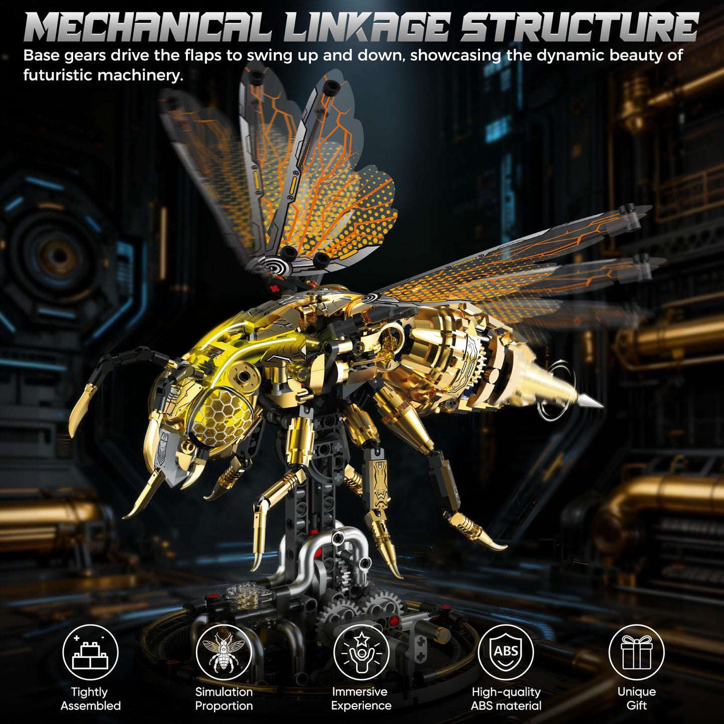 Driveplexpro Mechanical Bee Building Blocks Kit for Adult, Technic Bee Buildings Set for Adults with LED Light & Display Stand, Robot Animal Building
