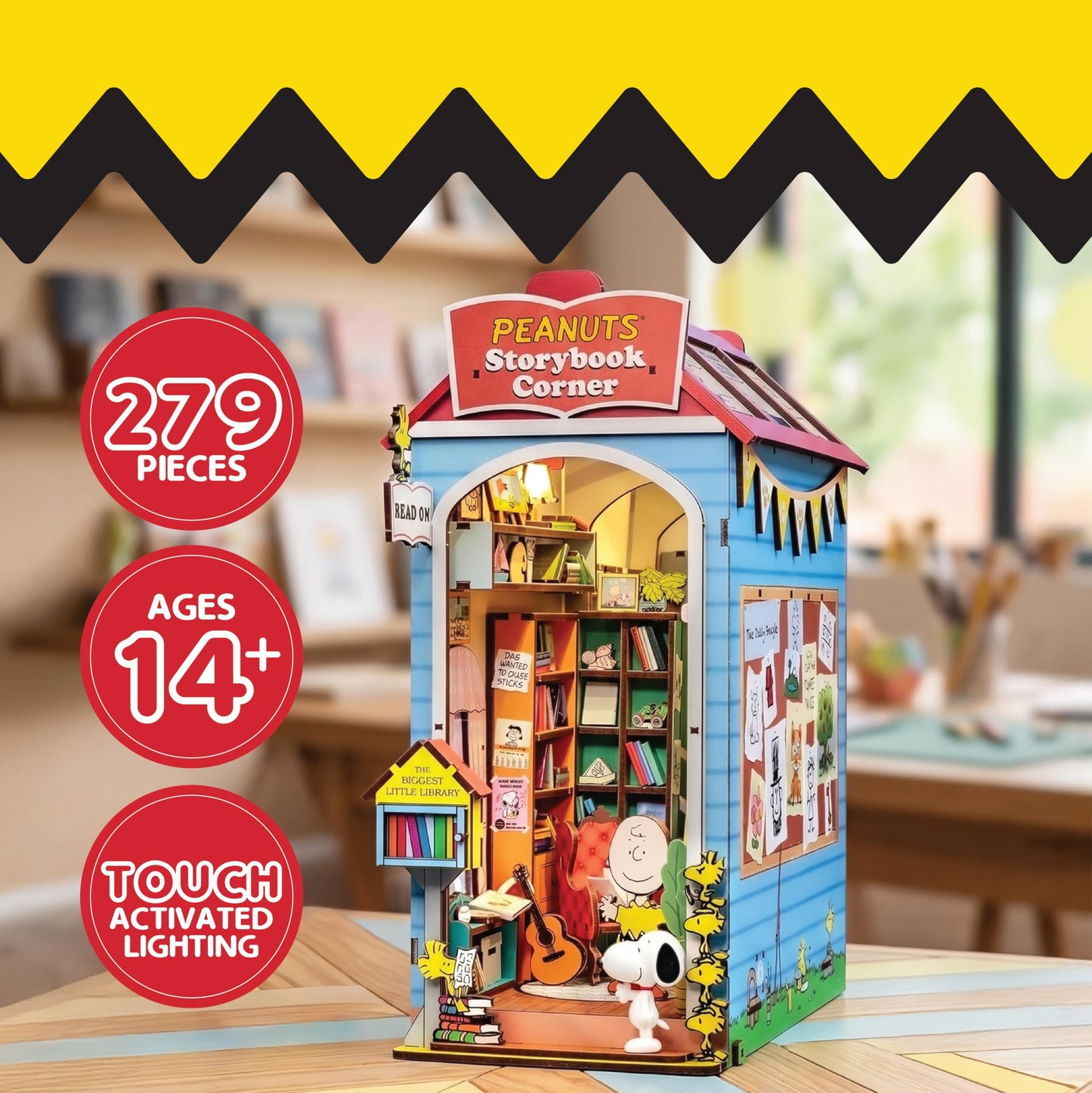 Hands Craft Peanuts Storybook Corner Book Nook Kit with Snoopy Figurine - Touch-Sensitive LED Light-Up House, 3D Wooden Puzzle - Bookshelf Diorama