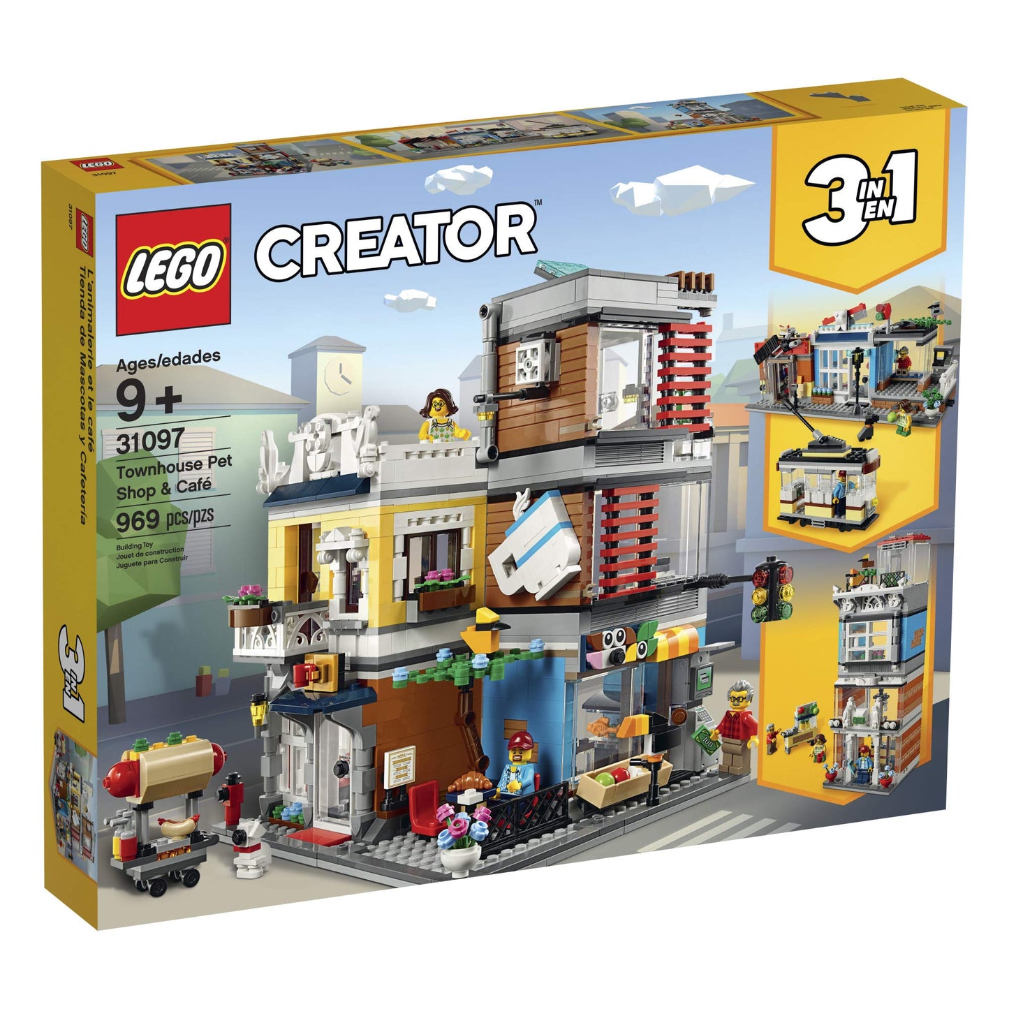 LEGO Creator 3 in 1 Townhouse Pet Shop & Café 31097 Toy Store Building Set with Bank, Town Playset with a Toy Tram, Animal Figures and Minifigures