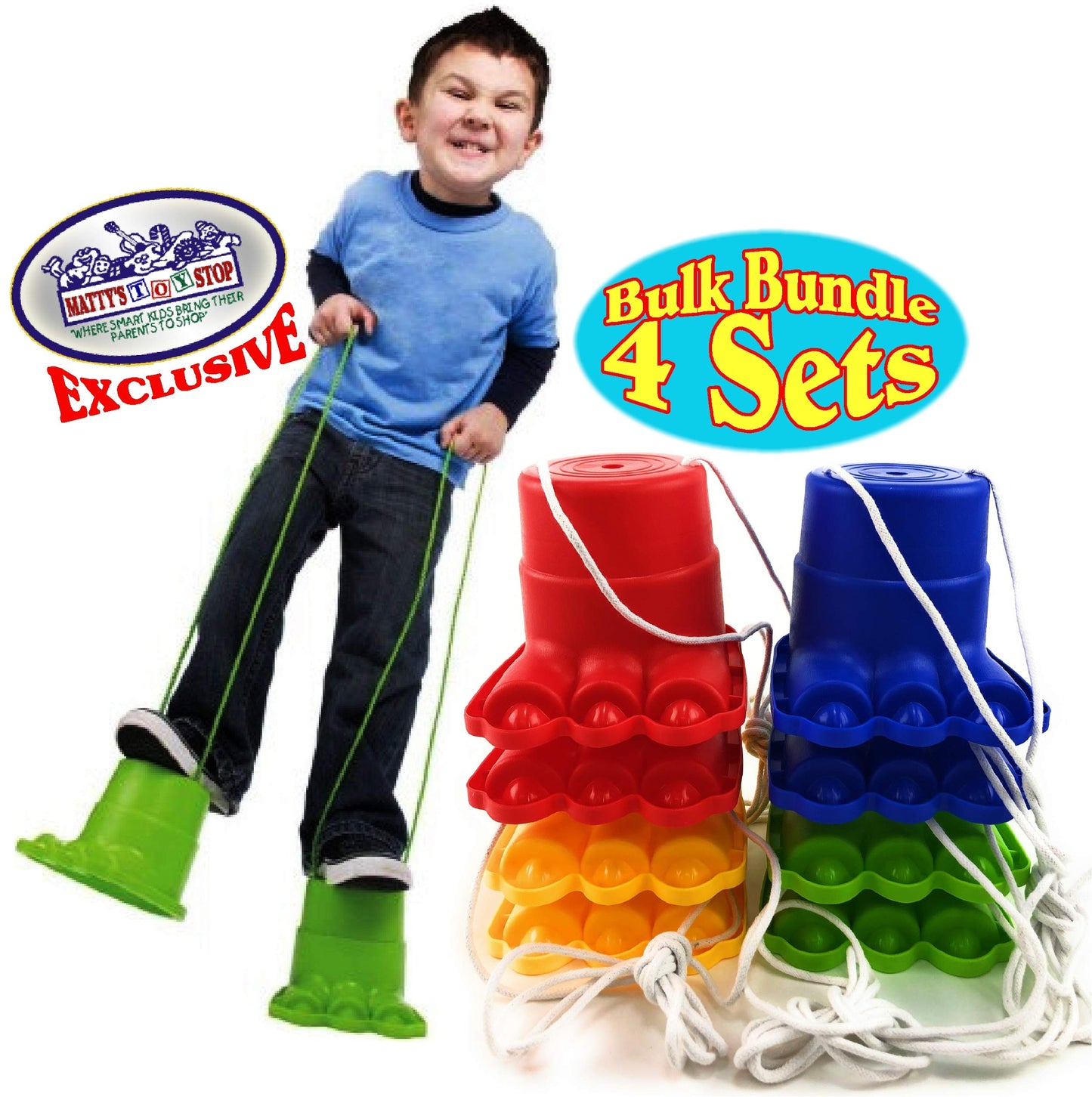 Matty's Toy Stop Monster Feet Plastic Balancing Stilts 4.75" (Red, Blue, Green & Yellow) Gift Set Bundle - 4 Pairs (8 Stilts Total)