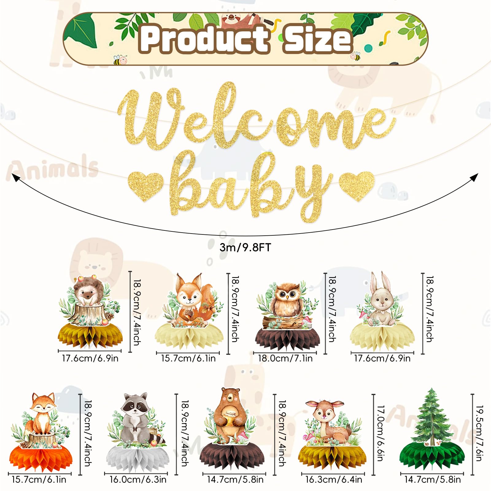 10-Piece Woodland Baby Shower Honeycomb Centerpieces with Welcome Baby Banner - Forest Animals Table Decorations for Baby Shower, Gender Reveal