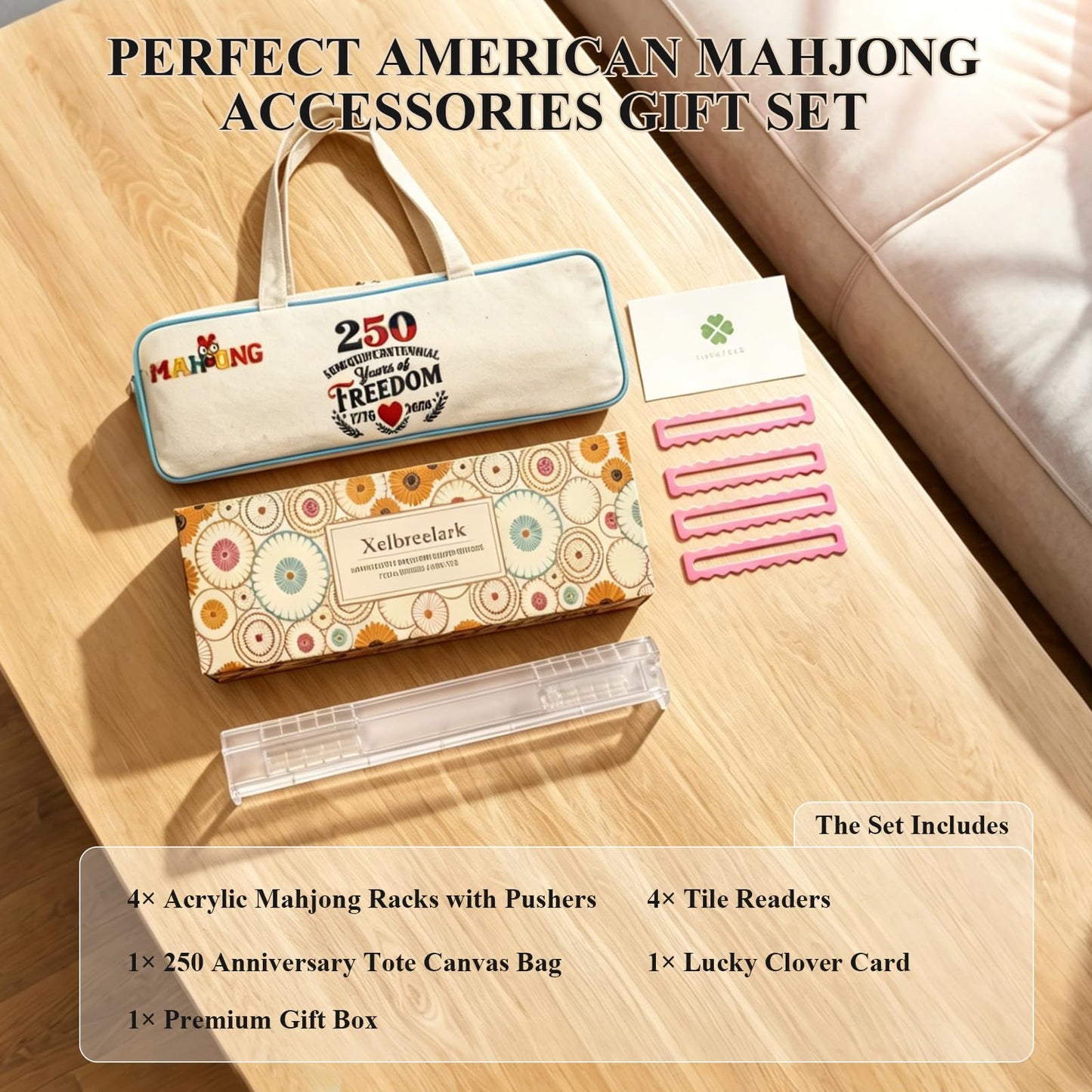 Non-Slip Clear Mahjong Racks with Pushers Set of 4, Complete Gift Set with 4 Readers, Lucky Clover Card, 250 Anniversary Tote Canvas Bag & Elegant