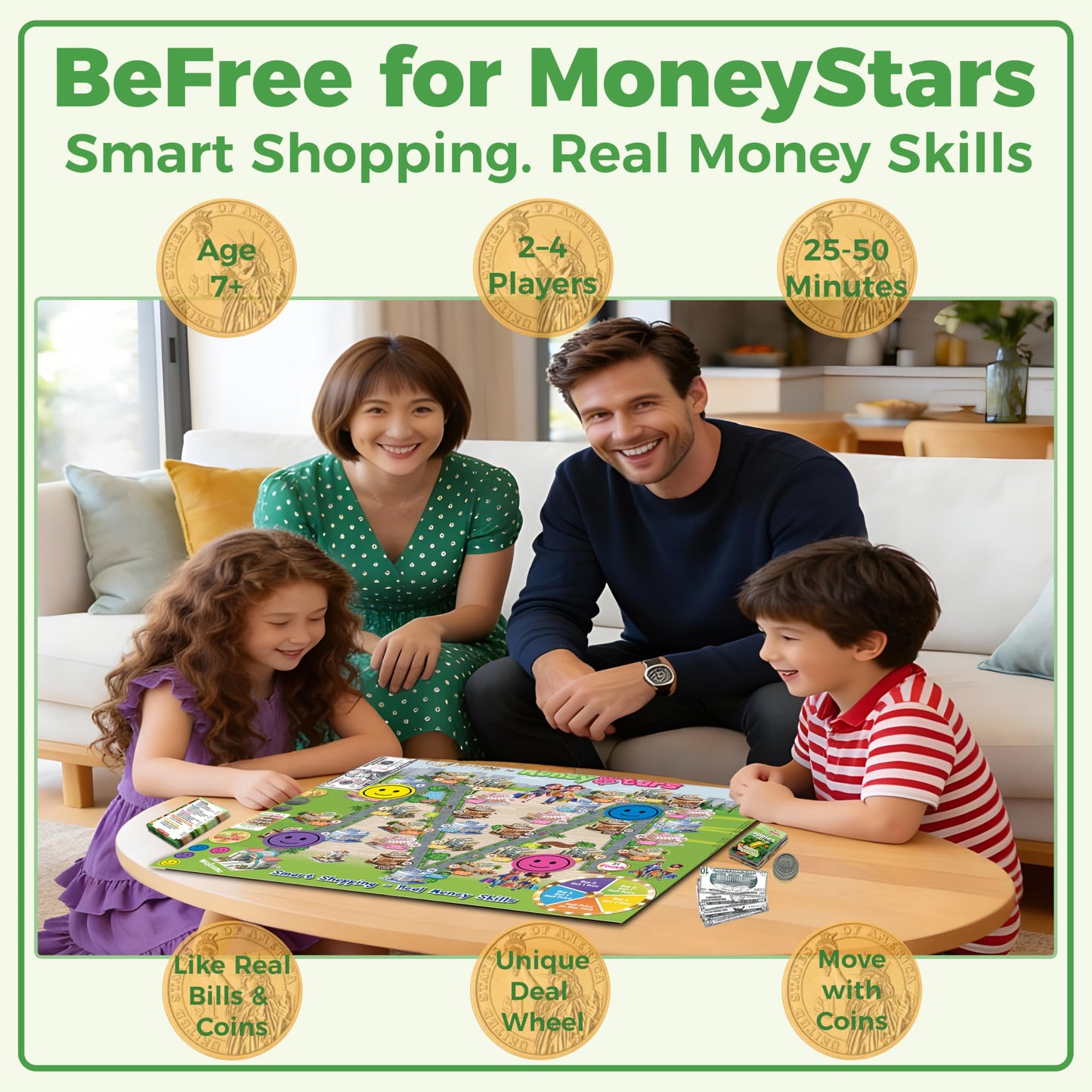 BeFree for MoneyStars - Kids Board Game Age 7+ | Fun Play Money Shopping Game with Bills & Coins and Store Deals | Make Smart Choices, Pay, Get Change