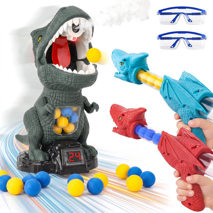 Dinosaur Shooting Toys for Kids 3-5 5-7, Moving T-Rex Target Shooting Game with 2 Air Pump Launchers, 48 Foam Balls, Interactive Competition Game