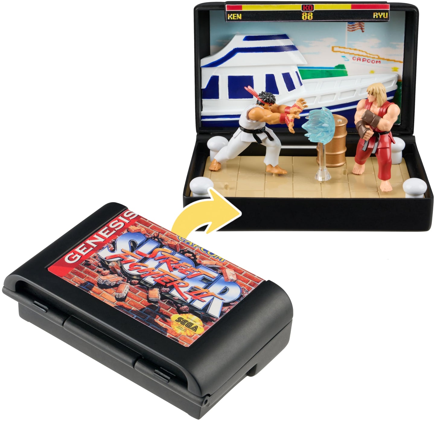 Console Heroes Super Street Fighter II Collectible Diorama - Mini Ryu & Ken Figures with Dock Stage Scene - Retro SEGA Genesis Cartridge Display &