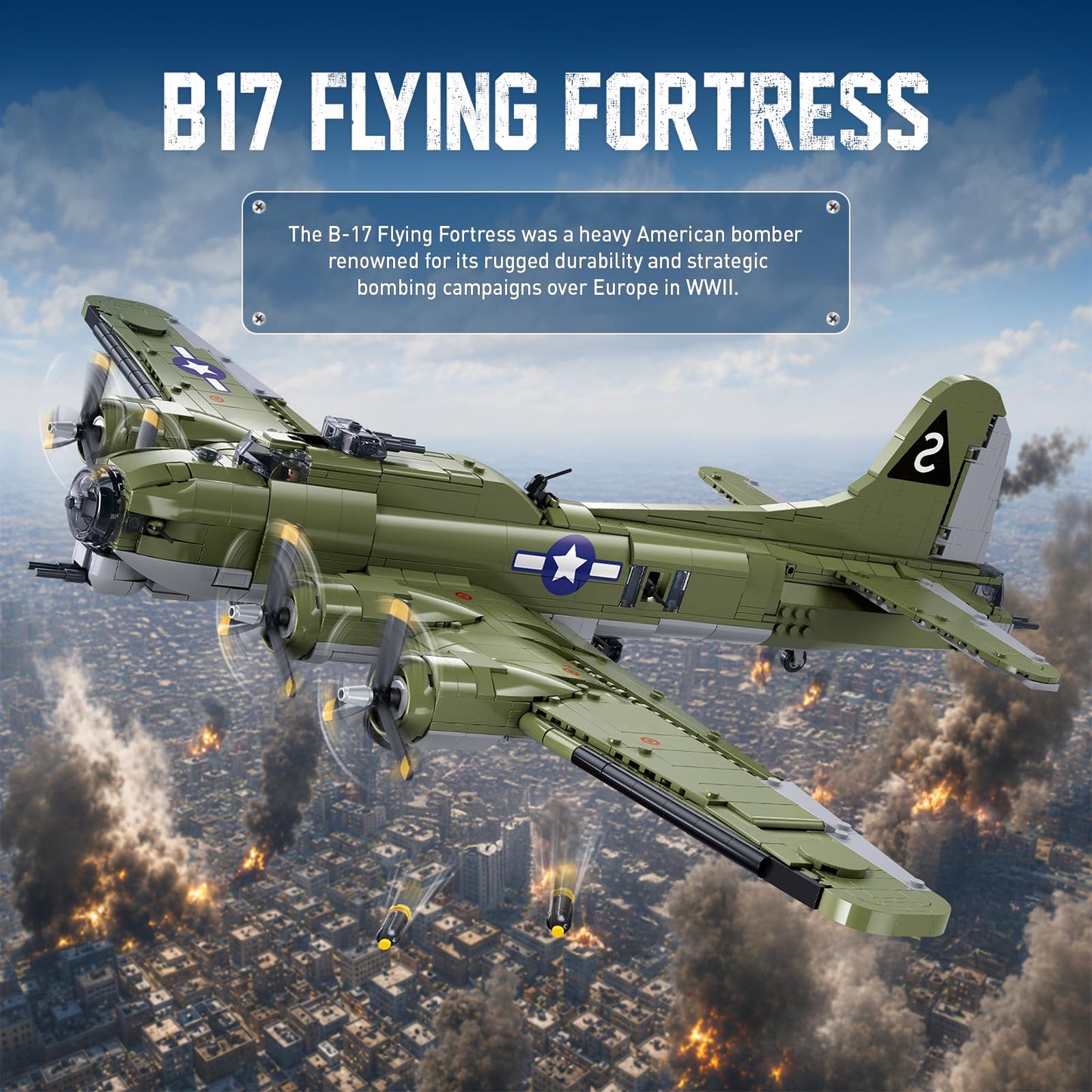 Sluban B-17 Flying Fortress Bomber Plane Building Blocks Set, 1270PCS WW2 Classic Military Fighter Aircraft Models with Display Stand, Army Airplane