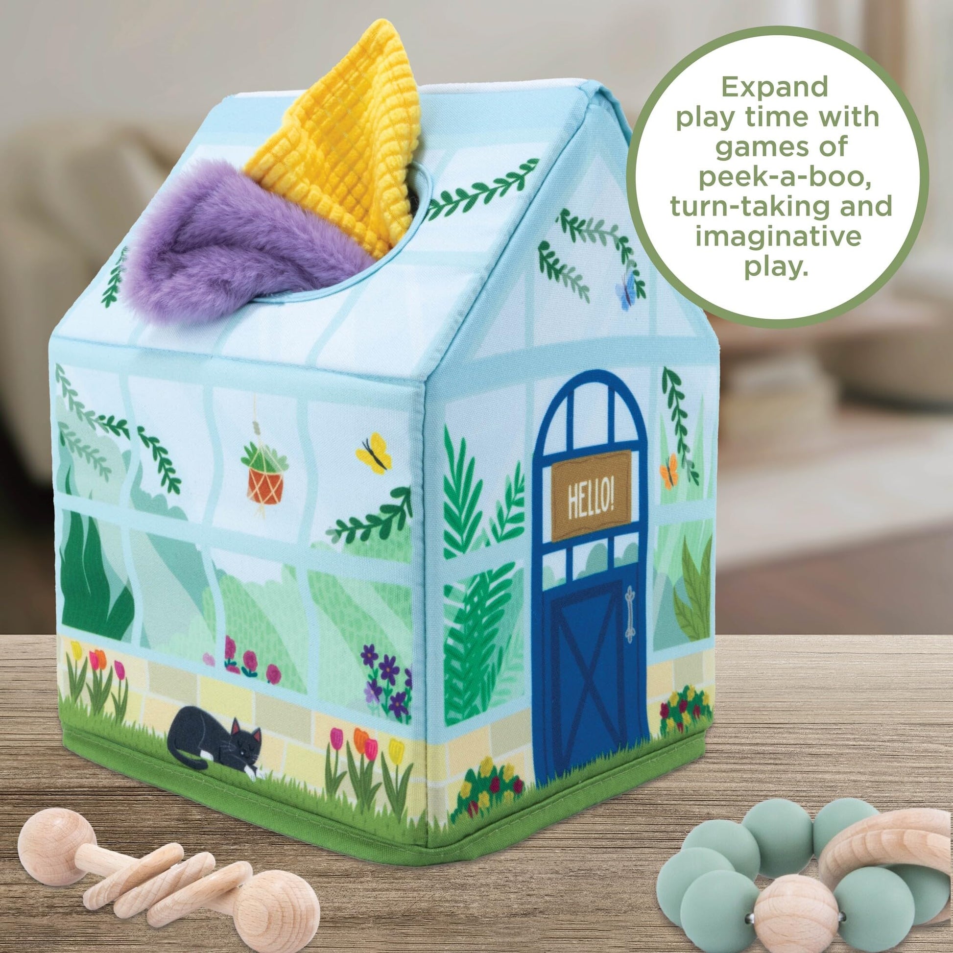 MindWare Sensory Sprouts Tissue Scarf - Montessori Toys for Babies 6-12 Months - Soft Greenhouse-Shaped Tissue Box and 12 Sensory Scarves Featuring