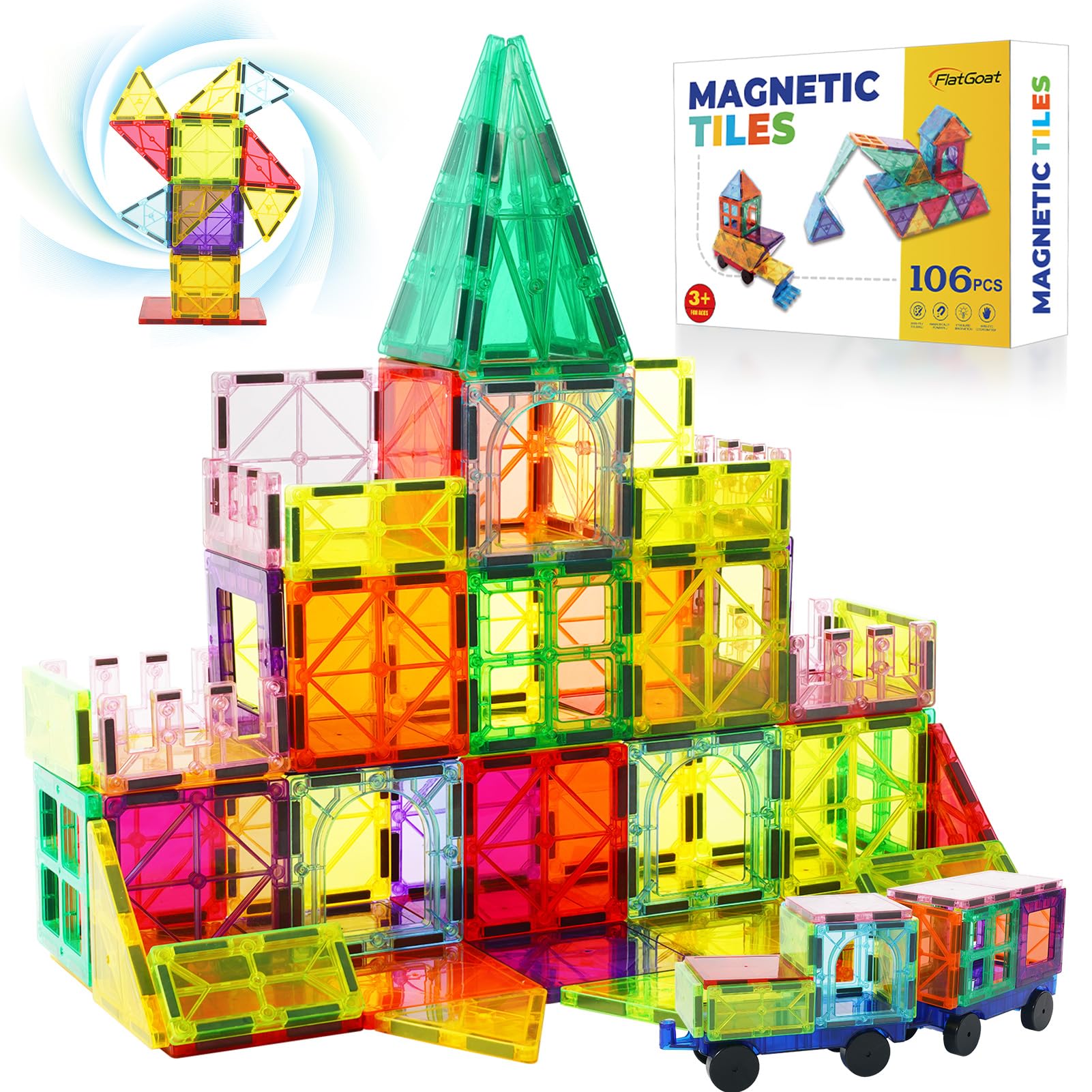 FlatGoat Magnetic Tiles 106 Piece Set, Magnet Building Blocks for Kids Toddlers, STEM Construction Toys with Gift Box for Ages 3 4 5 6 7 8+ Year Old