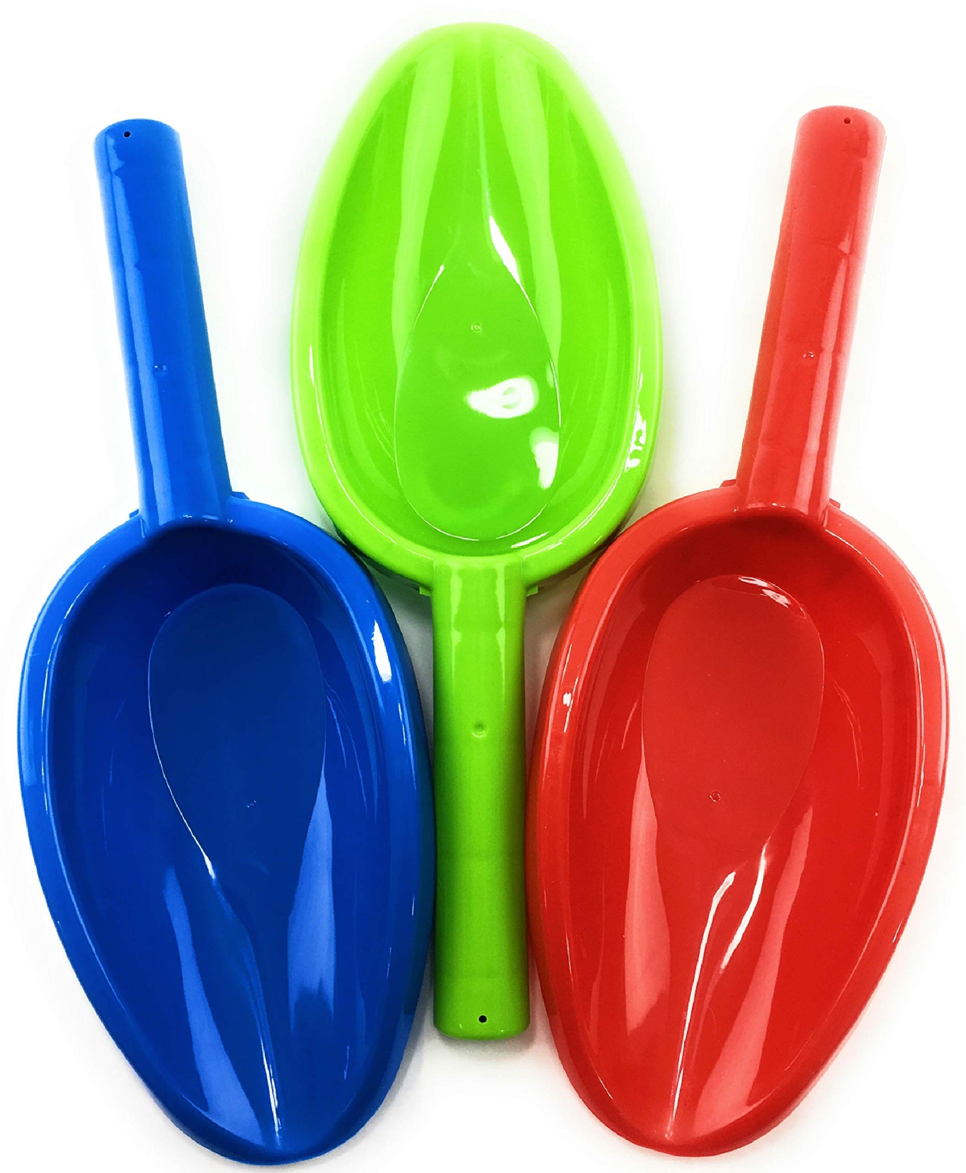 Matty's Toy Stop Kids Sand Shovels for Beach & Sandbox - 3 Pack 14" Long Handle Plastic Sand Scoops, Red Blue Green, Outdoor Beach Toys for Boys