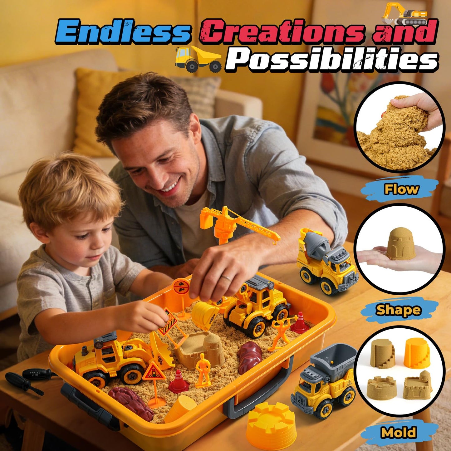 OENUX Construction Play Sand Kit with 4 Take Apart Trucks for Boys Age 3-8