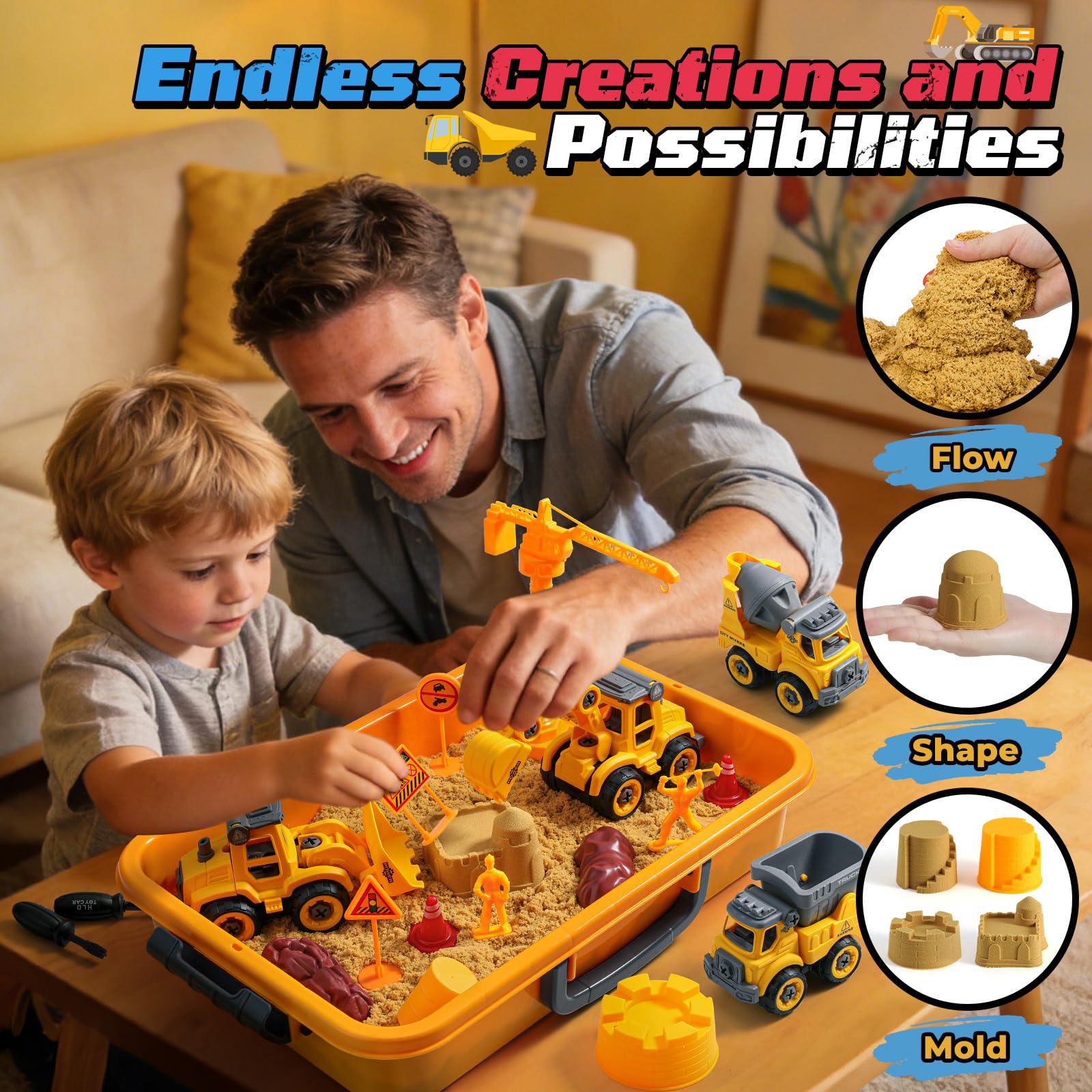 OENUX Construction Play Sand Kit with 4 Take Apart Trucks for Boys Age 3-8