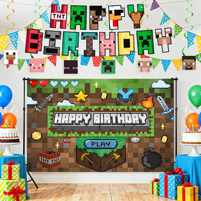Pixel Game-Happy Birthday Banner- Includes Birthday Banner & Backdrop & Spiral Hanging supplies, Pixel party supplies Kit, Ideal for Game Theme