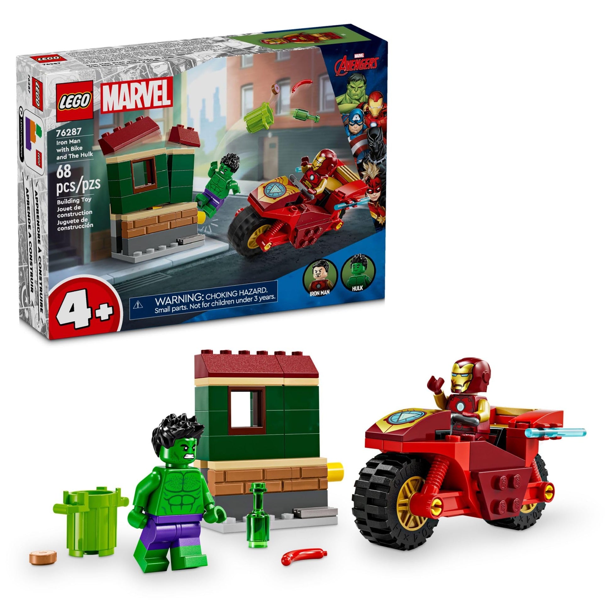 LEGO Marvel Iron Man with Bike and The Hulk Building Set, Easy Build Marvel Toy for Kids, Collectible Playset with Motorcycle Toy and 2 Minifigures