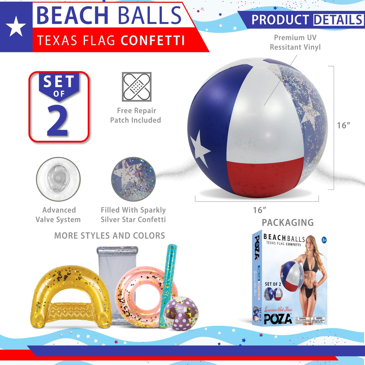 POZA Set of 2 Texas Flag Inflatable Beach Balls - 16 Inch Beach Balls with Sparkly Silver Star Confetti Design, PVC Vinyl Inflatable Pool Toys