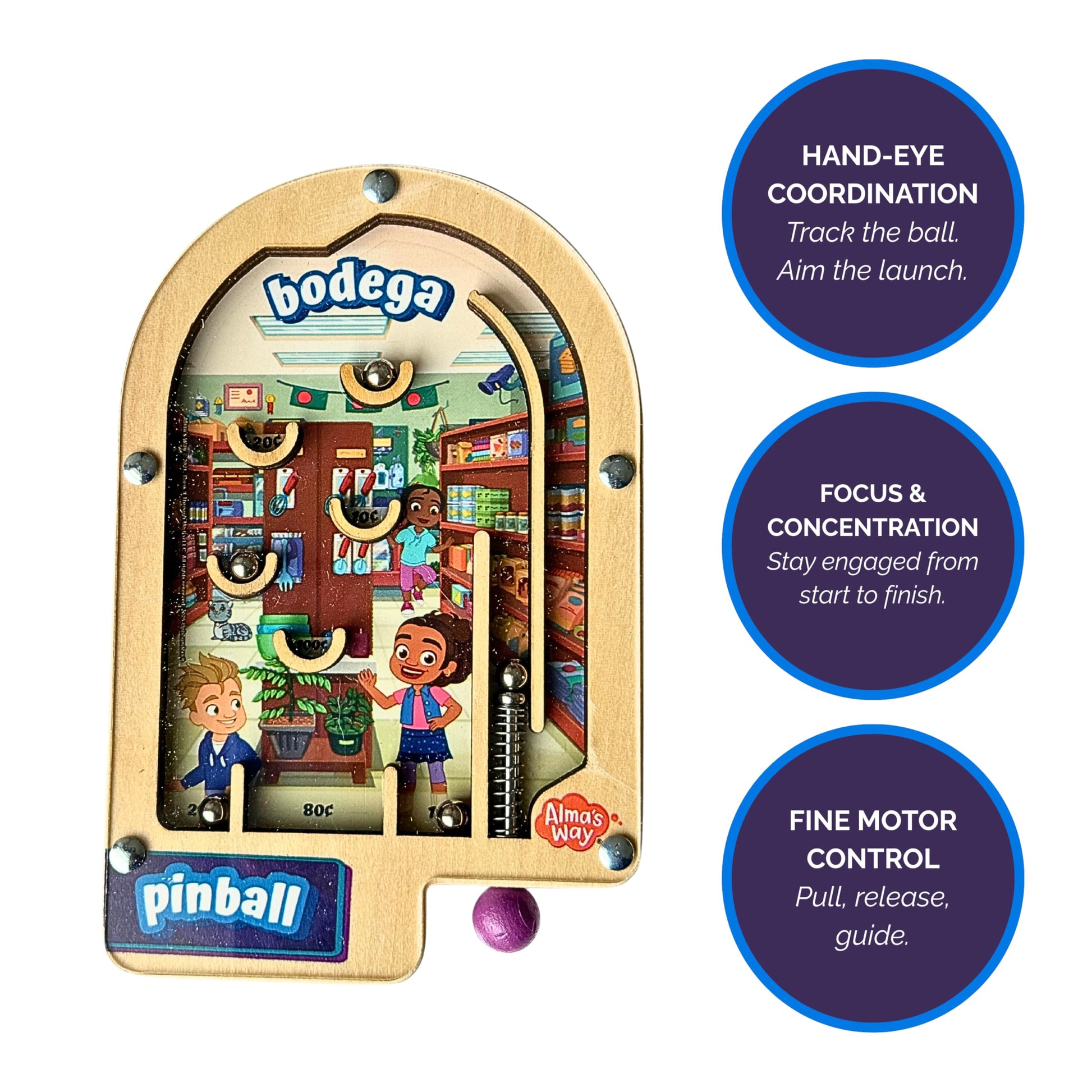 Upbounders® Alma’s Way™ Bodega Wooden Pinball - Pocket-Size Wooden Travel Pinball Toy for Kids 3+ - Neighborhood Shop Pretend Play