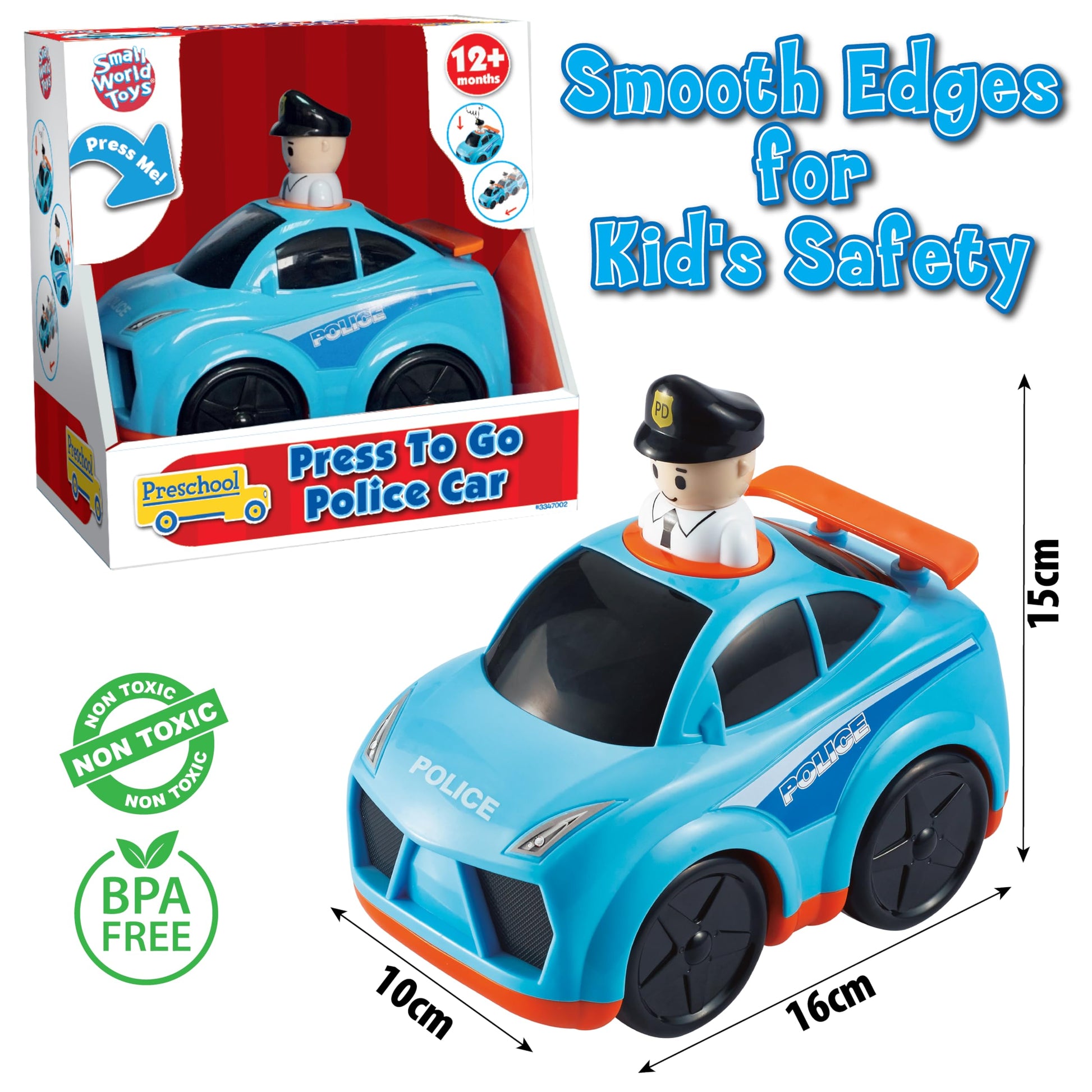 Small World Toys Police Car Toy, Interactive Press-to-Go Police Cars for Toddlers 1-3, Pretend Play Rescue Vehicle, Polices Toy Gifts for Boys, Cop