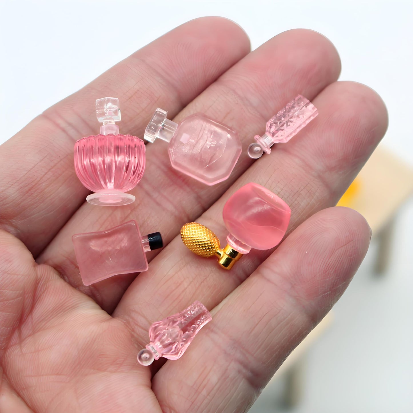 6-Piece Miniature Cosmetic Set - 1:12 Scale Realistic Pink Perfume Bottles for Dollhouse Bathroom, Vanity, Beauty & Spa Theme, DIY Micro Scene, Fairy
