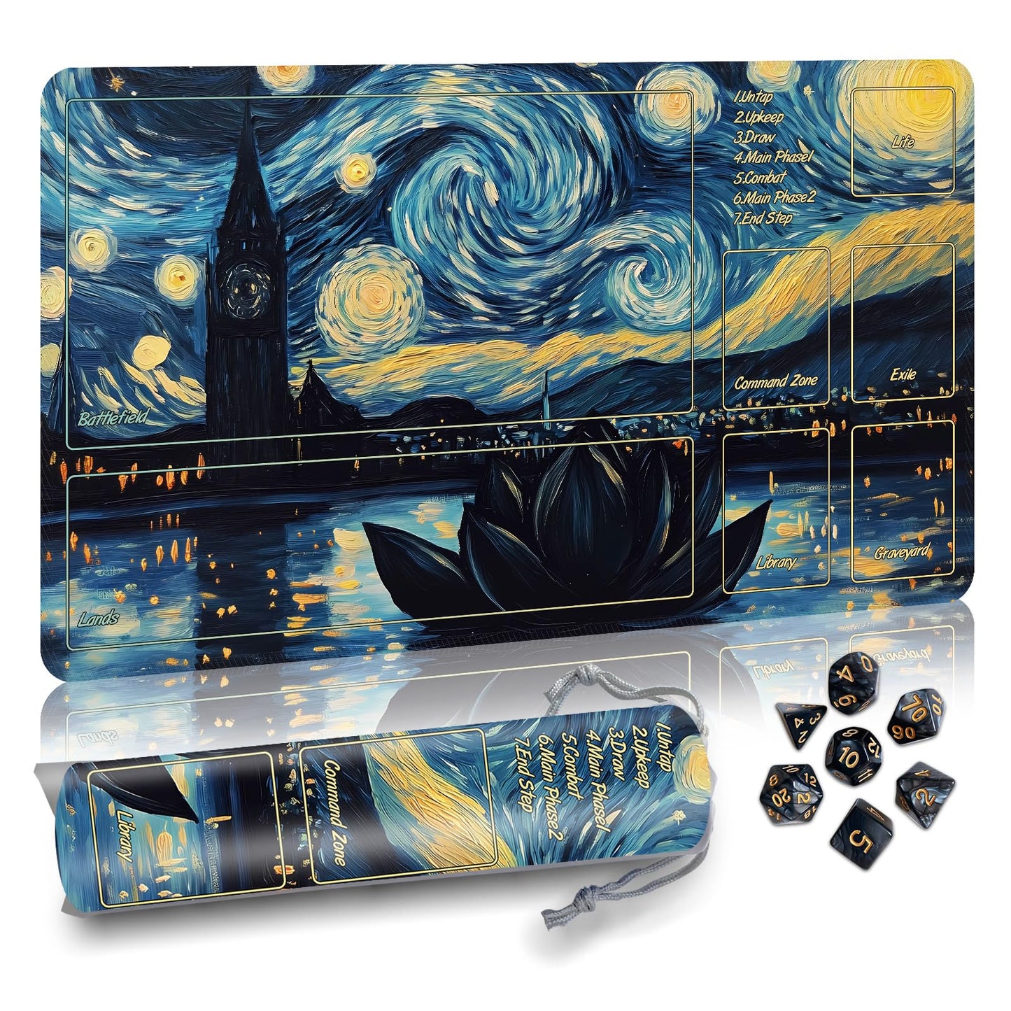Partypda MTG Mat TCG DND Playmat with Storage Bag & 7 Dice | Waterproof Non-Slip Surface | Premium Edge-Locking Design | Play Mat with Zones for Magic