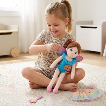 June Garden 4-Piece Fairy Doll Clothing Set for 14” Dolls - Removable Dress Up Outfit with Wings, Rainbow Tutu Skirt & Magic Wand - Interchangeable