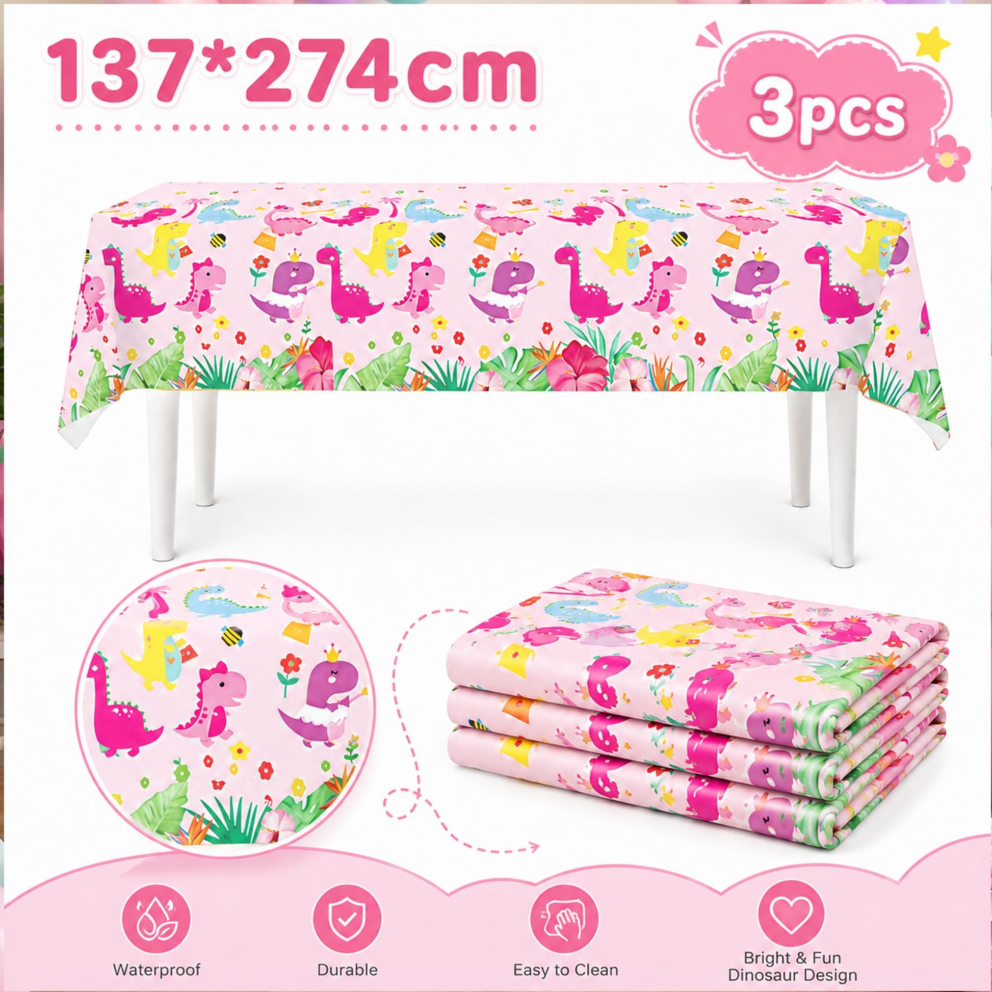 Miruwtog Dinosaur Birthday Party Supplies for Girls - Dinosaur Tablecloth, Decorations in Pink