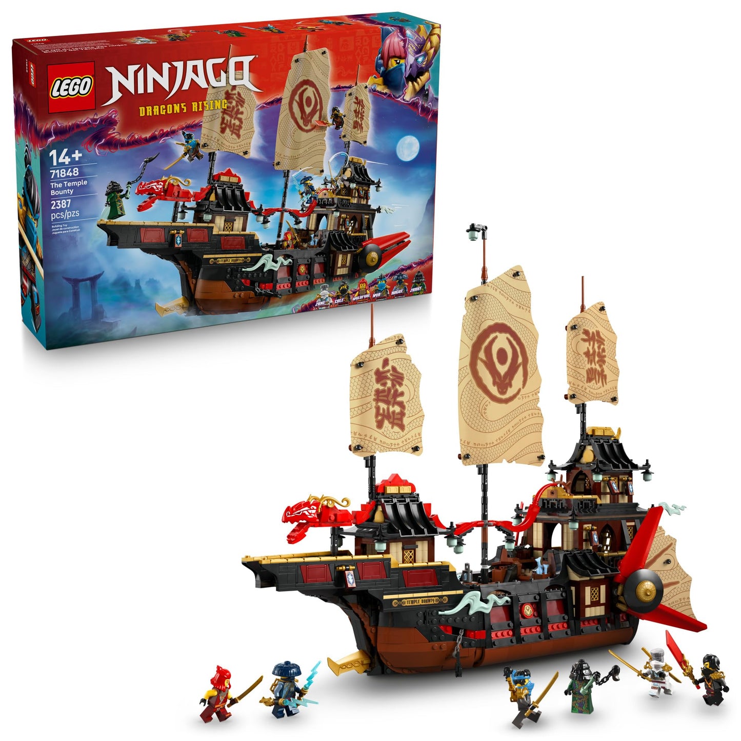 LEGO NINJAGO The Temple Bounty Building Toy - Multi-Level Boat W/6 Ninja Toy Minifigures for Kids, Ages 14+ - Model Building Kit with Display Stand -