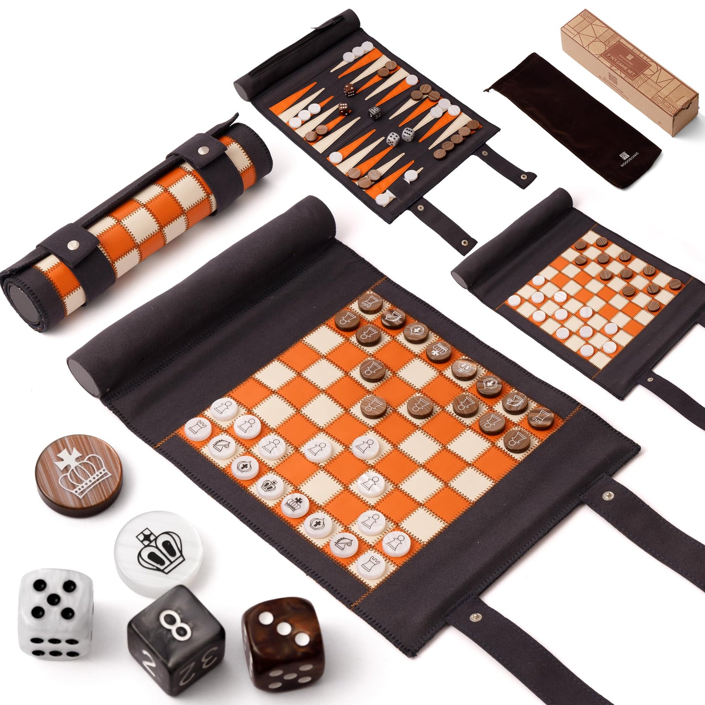 Woodronic 3 in 1 Travel Chess Checkers Backgammon Set, Roll-up Leather Backgammon Game Set with 32 Pearl Textured Pieces and 5 Dices, Portable Travel