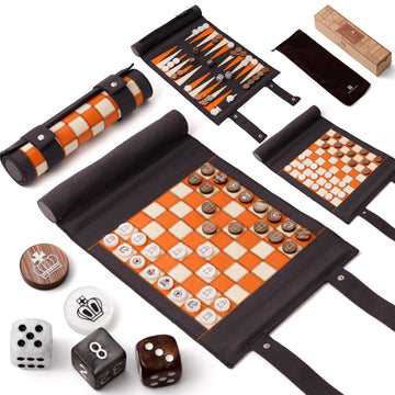 Woodronic 3 in 1 Travel Chess Checkers Backgammon Set, Roll-up Leather Backgammon Game Set with 32 Pearl Textured Pieces and 5 Dices, Portable Travel