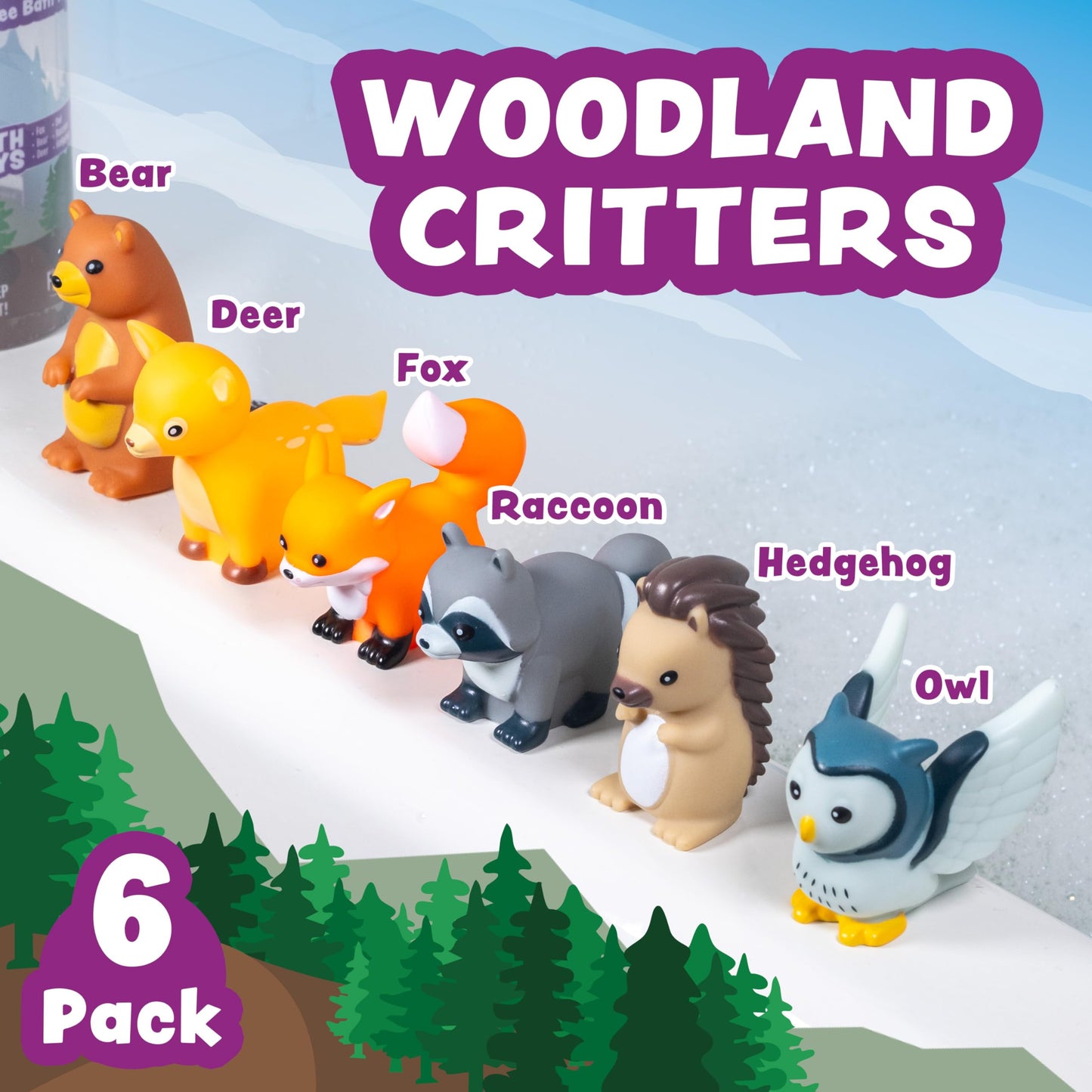 Tub Works® Woodland Animals Watertight Baby Bath Toys, 6 Pack | Sealed, No Hole Bath Toys Design Keeps Moisture Out | Soft, Squeezable & Float on